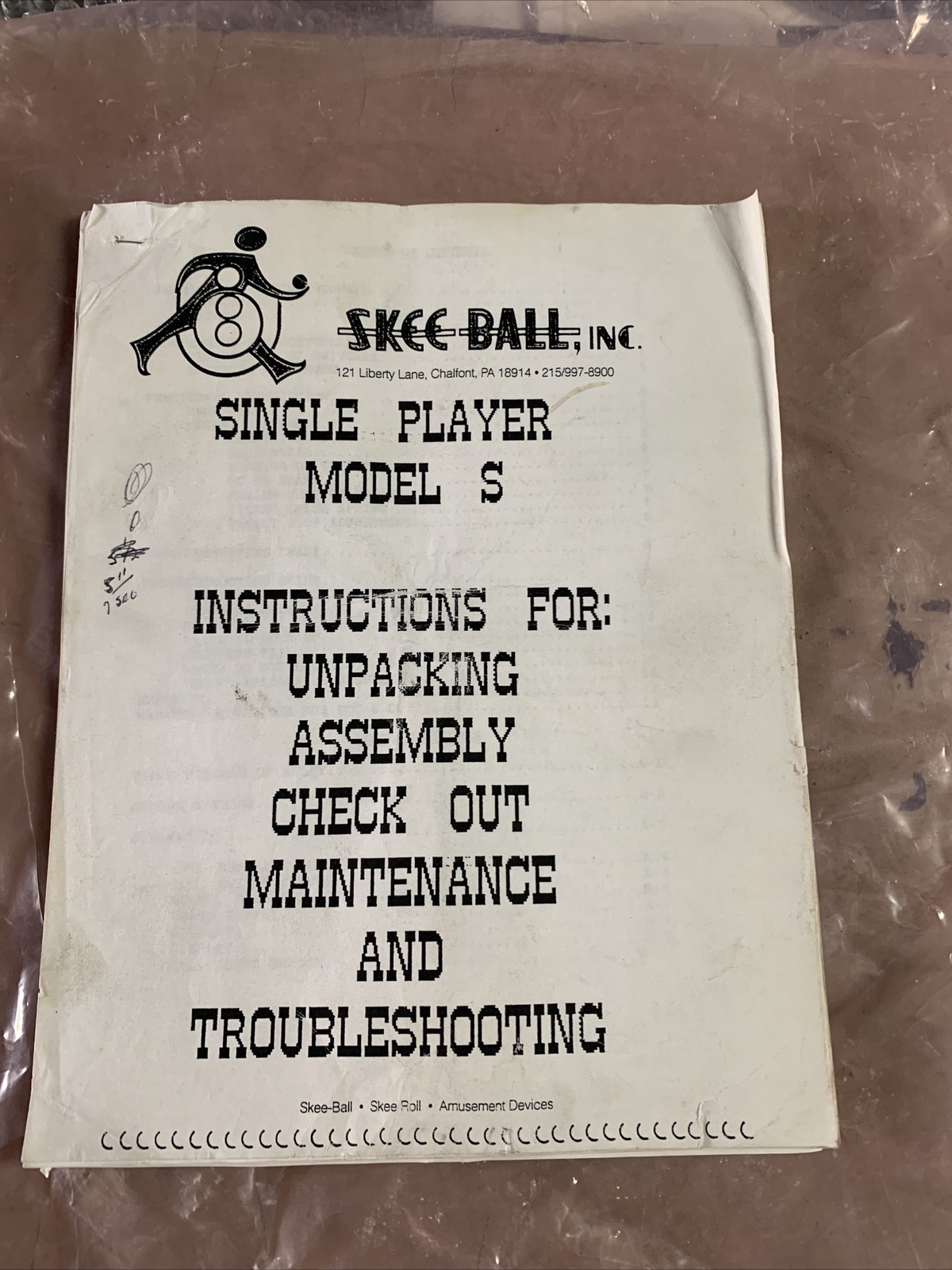 original Skee Ball Model S  Arcade video game owners manual