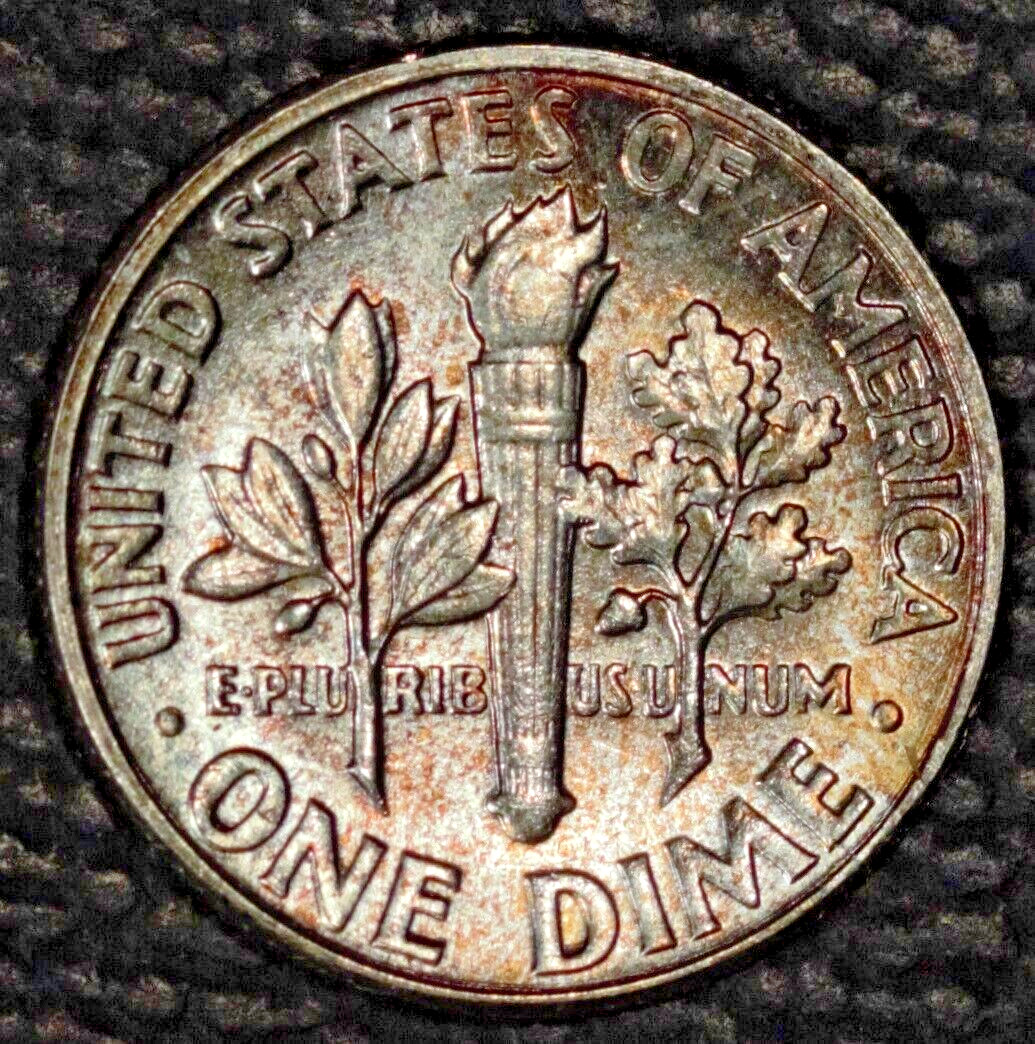 1955 Roosevelt dime, Gem BU, Pretty 2 sided toning
