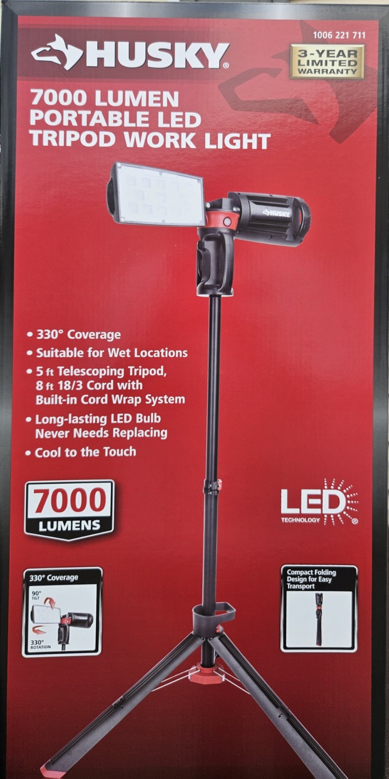 Husky Portable Corded 7000 Lumens LED Work Light Rotating Head Tripod Mount, NEW