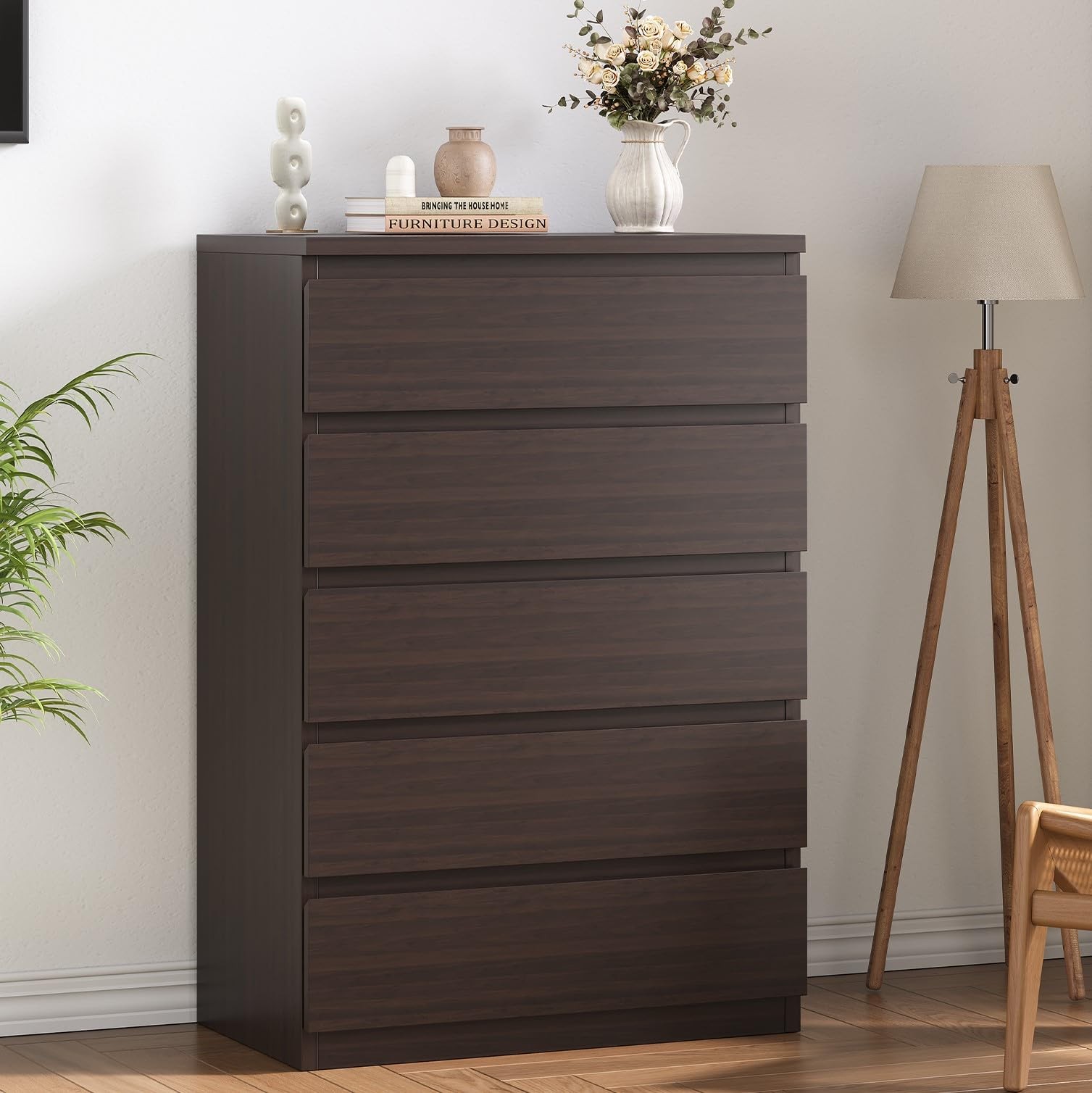 5 Drawer Dresser Brown Wood Storage Chest Deep Drawers NG-0619 Jocoevol Modern