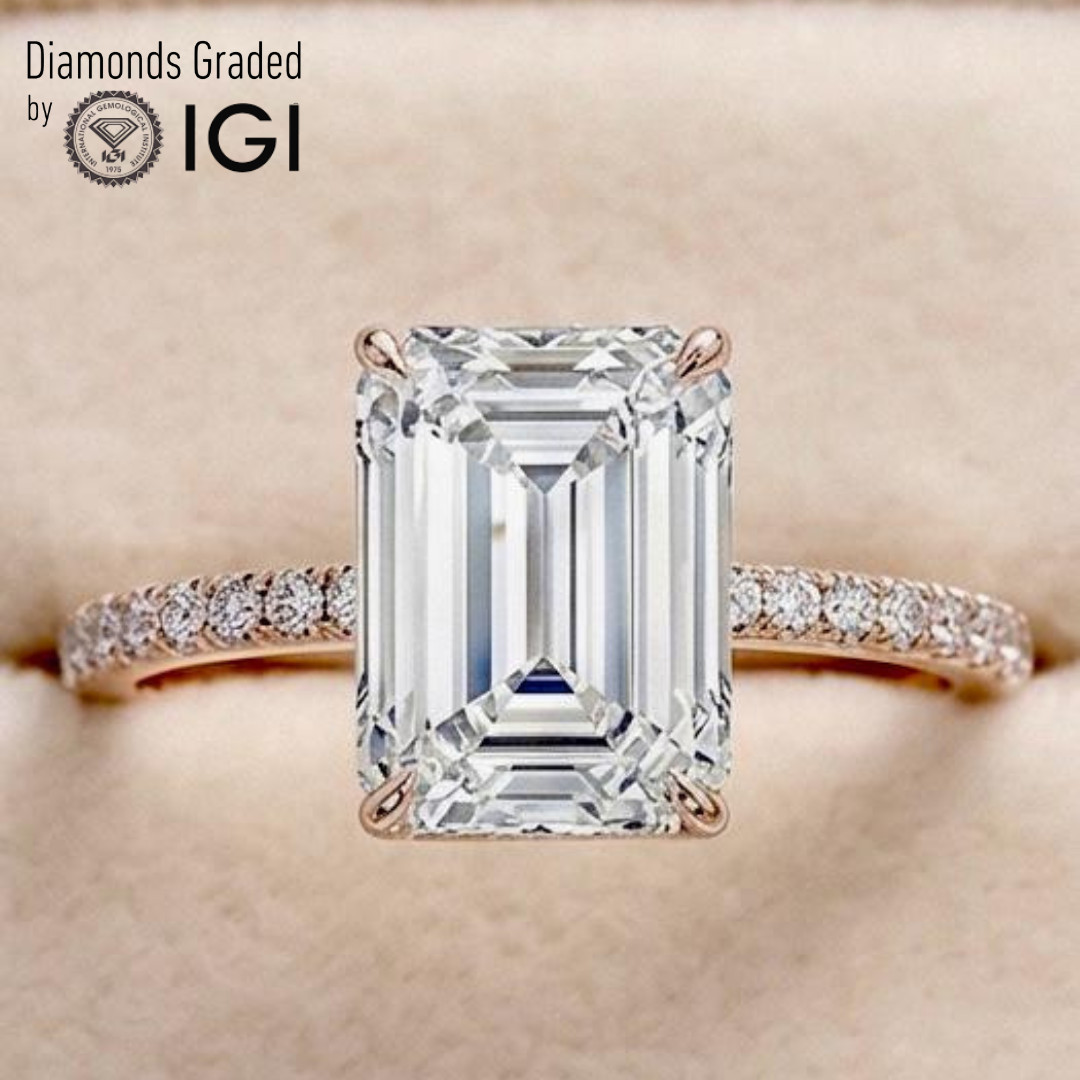 14K Rose Gold Emerald & Round Cut 3.4 Ct Lab Created Diamond Ring F VS IGI