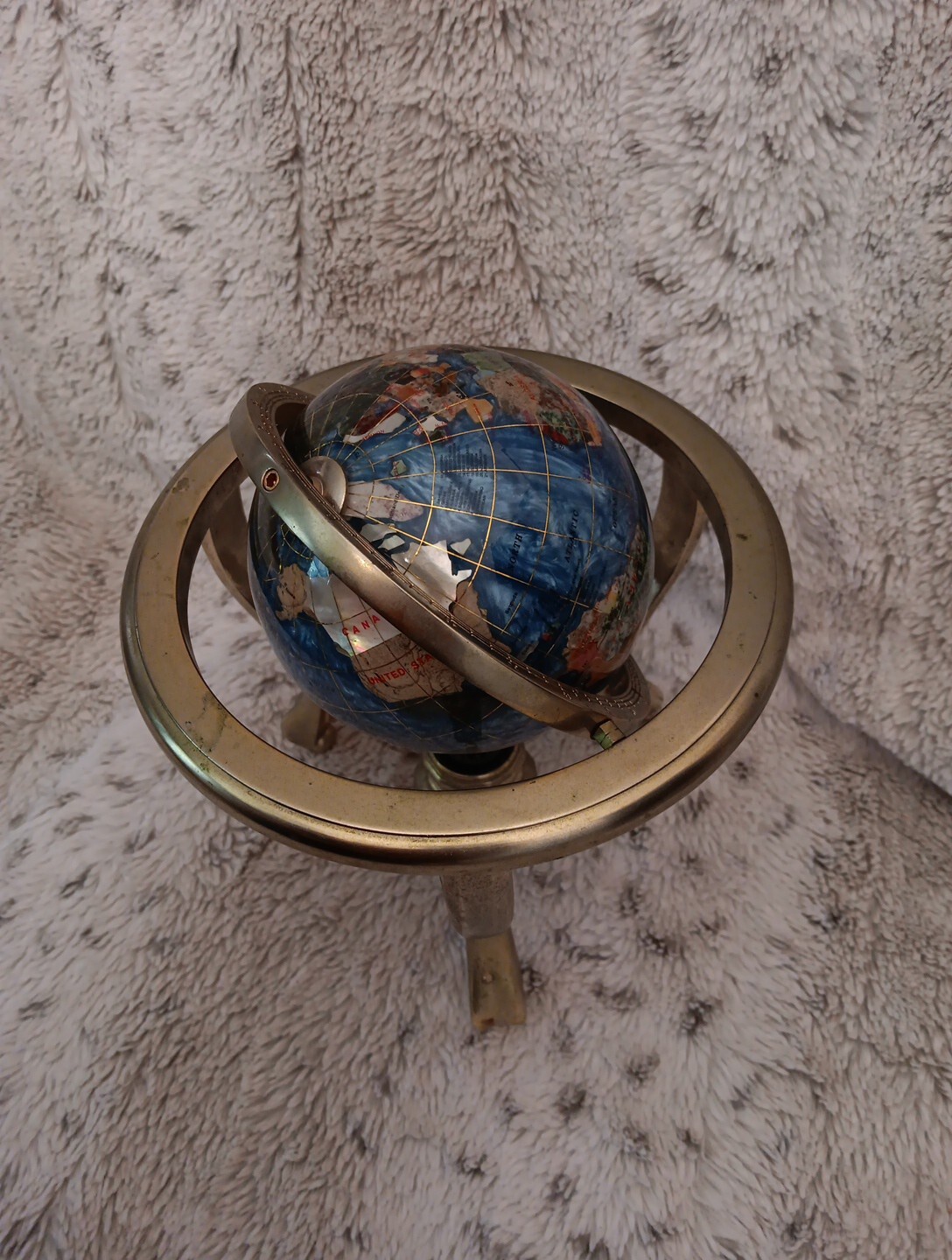 Gemstone Inlay Tabletop World Globe With Brass Frame & Compass 9" Tall