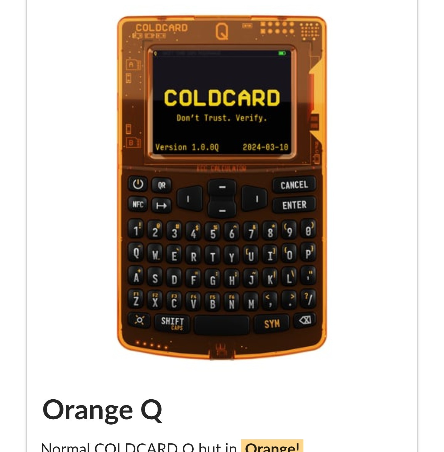 ColdCard Q Bitcoin Crypto Wallet W/ Memory Cards And Reader.  NEW Sealed Orange