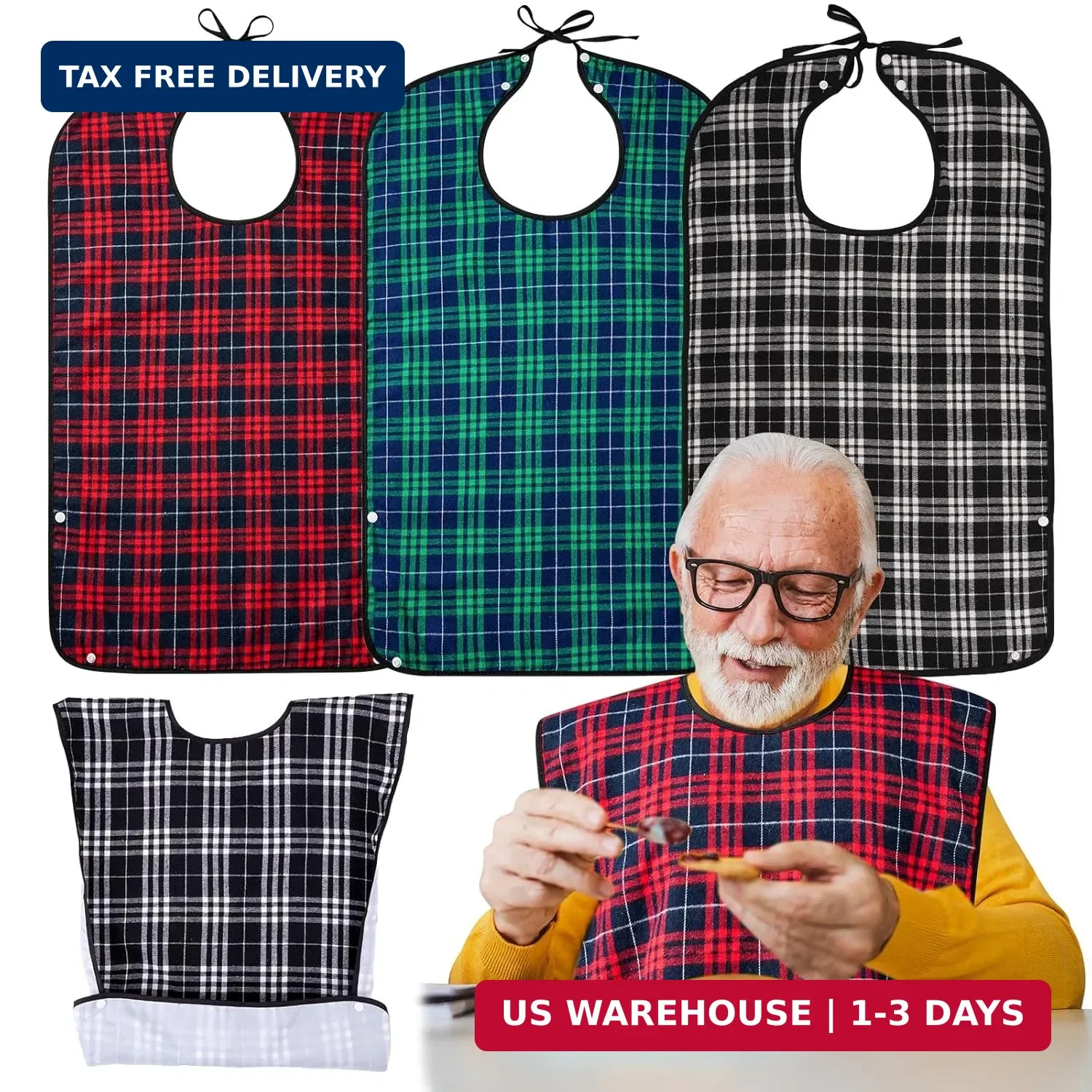 XKDOUS 3 Pack Adult Bibs for Men & Seniors, Reusable & Waterproof Clothing Prote