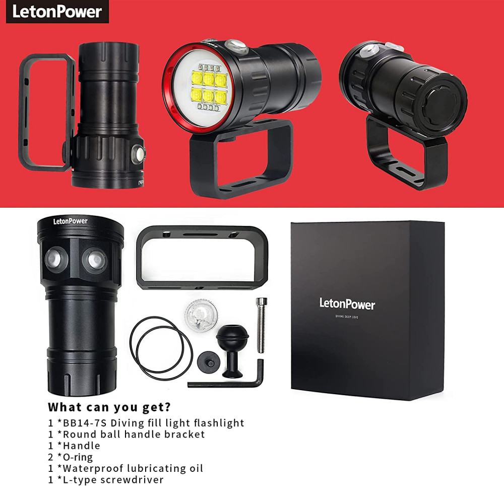 LetonPower Diving Flashlight 22800Lumens Super Bright Light White,red