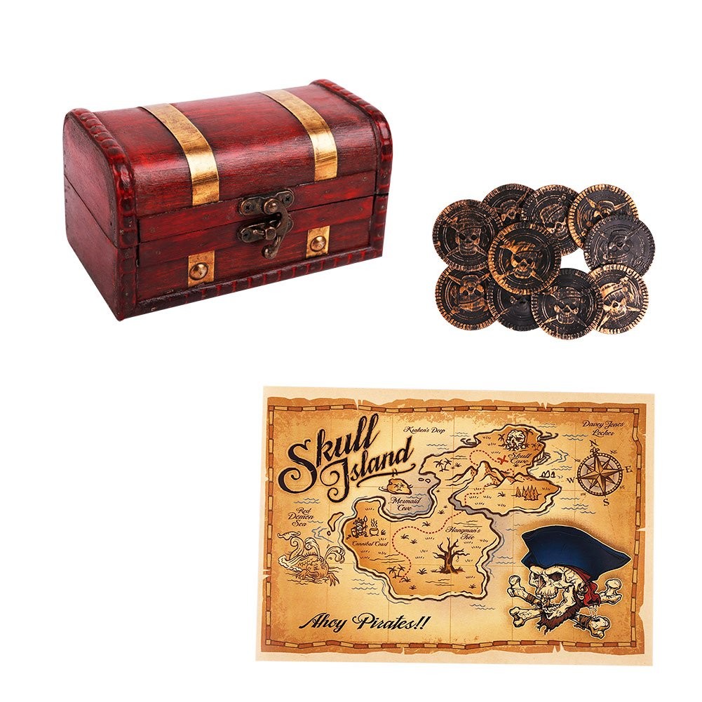 WaaHome Pirate Treasure Boxes Small Wood 5.5''X3.2''X3.2'', 5.5" Red