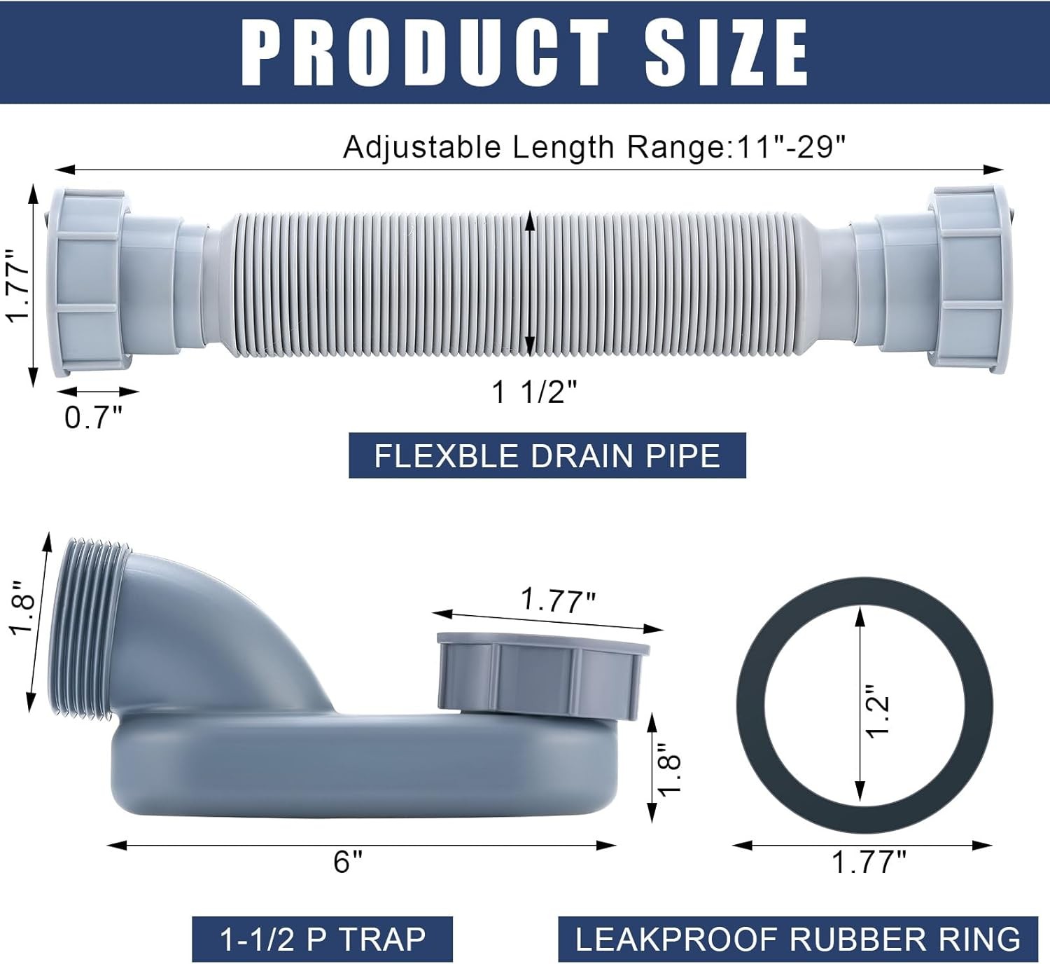 2 Pcs Low Profile 1 1/2 P Trap with Sealing Tape Low Profile Shower Drain Flat