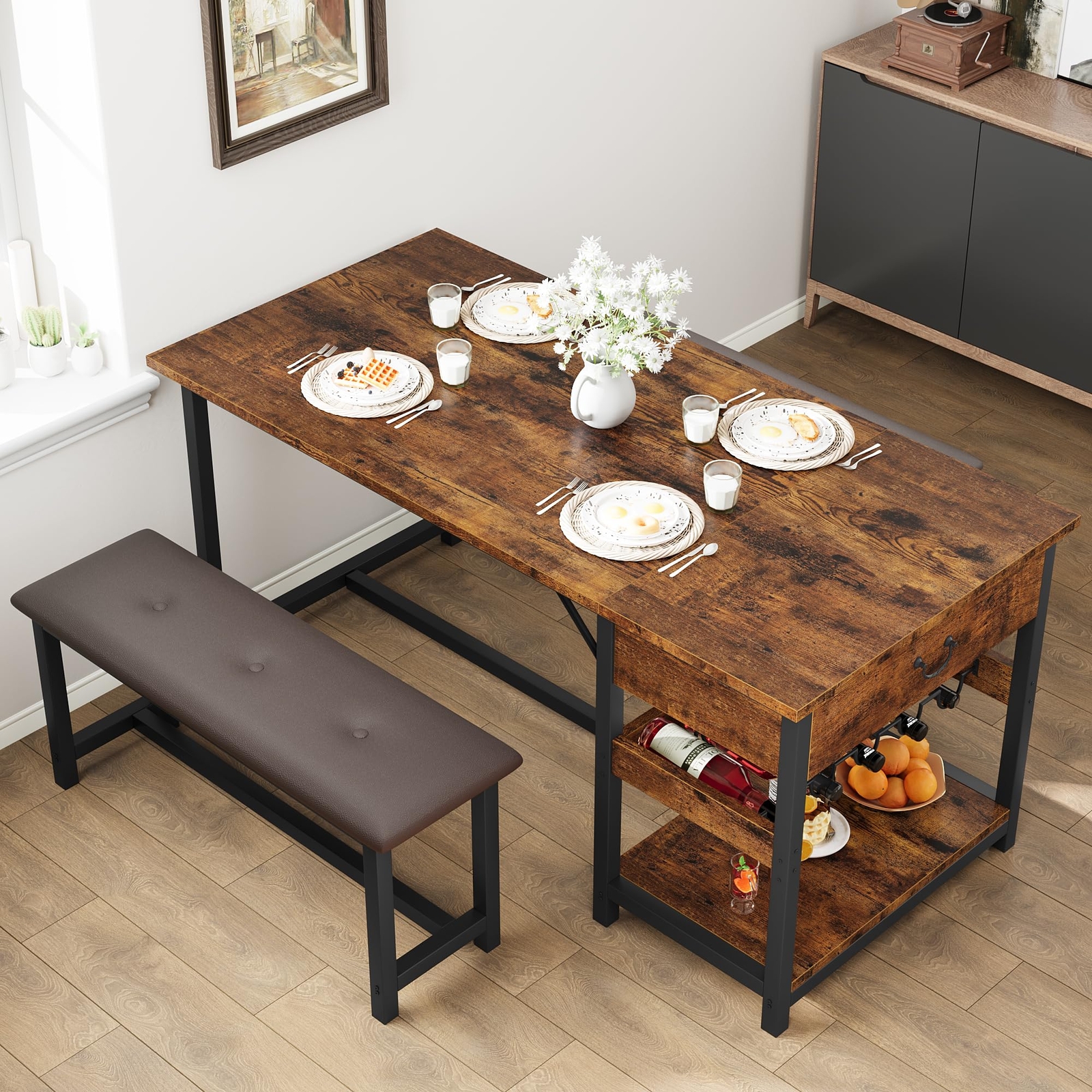 Modern Dining Table Set for 4 Kitchen Table and 2 Benches, Drawers ,Storage Rack