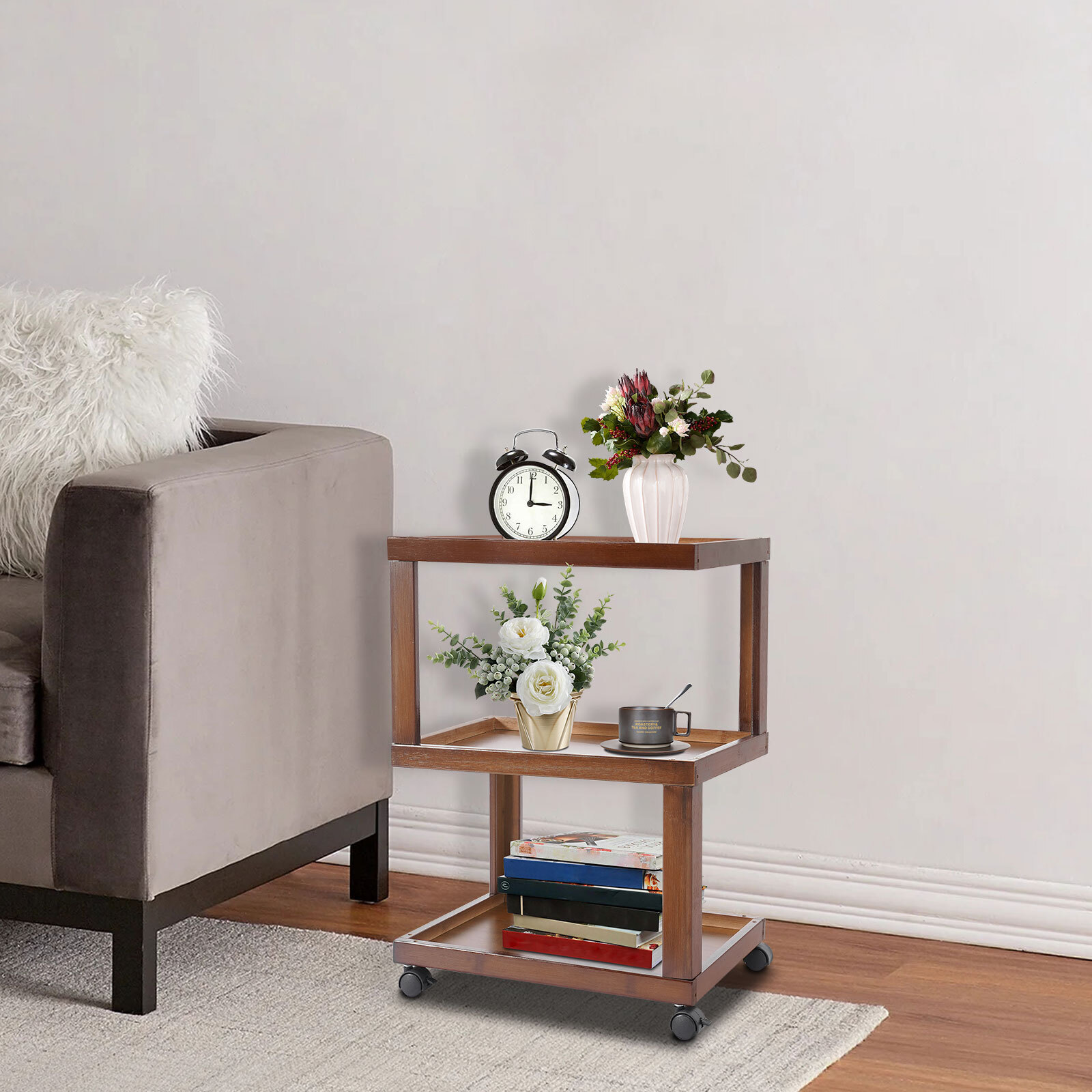End Table 3-Tier Wood Nightstand End Table for Small Spaces with Open Storage