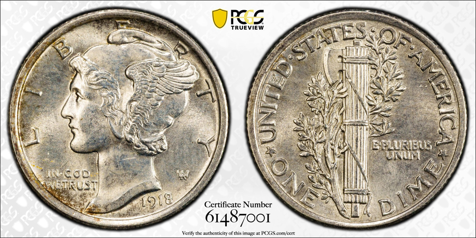1918 Mercury Dime PCGS MS-64 FB