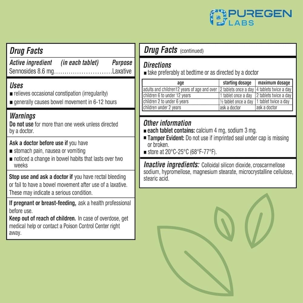 Puregen Senna Natural Vegetable Laxative Tablets Constipation Relief 120 Count