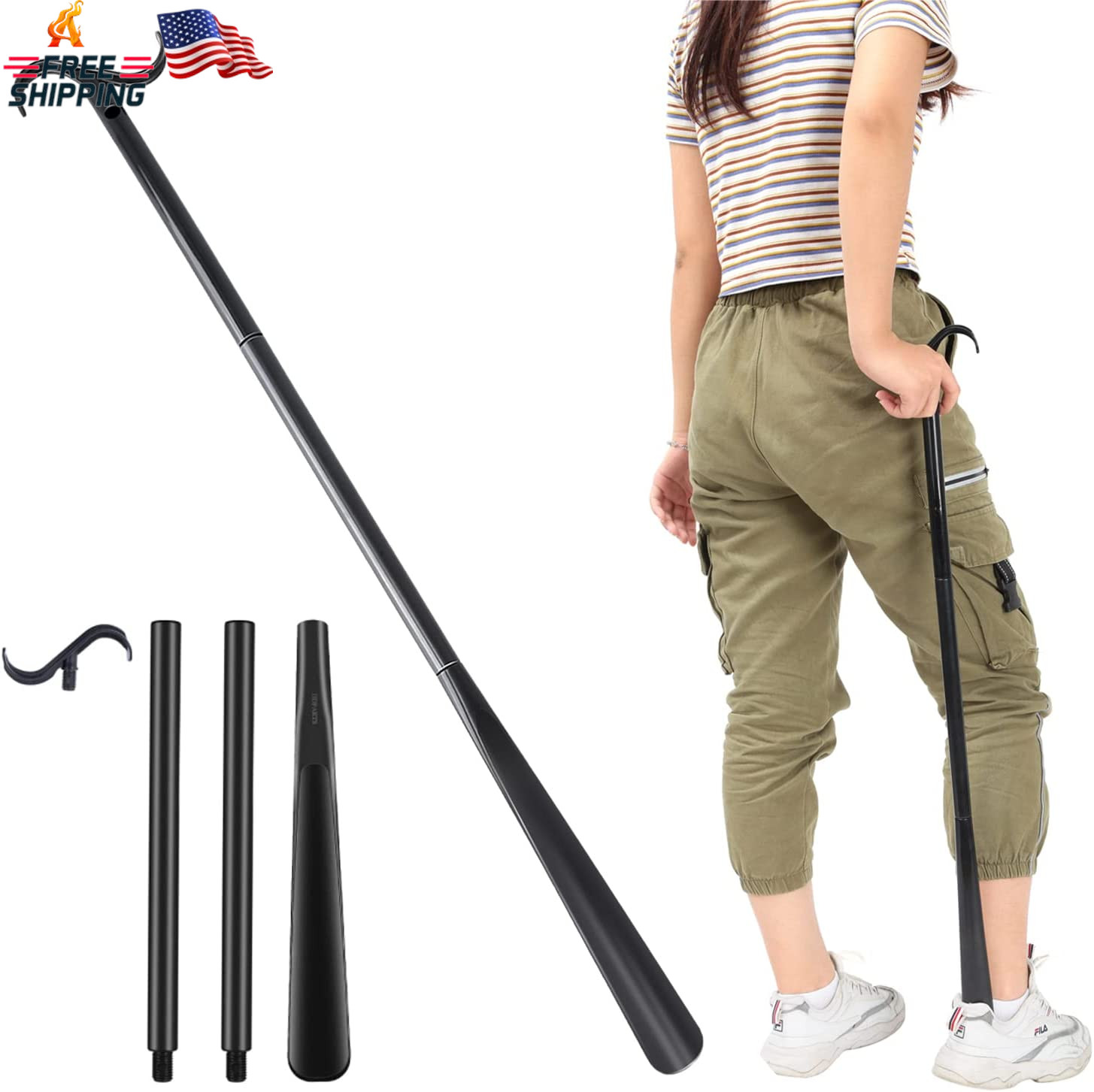 35" Long Dressing Stick with Shoe Horn with Sock Removal Tool, Adjustable Extend