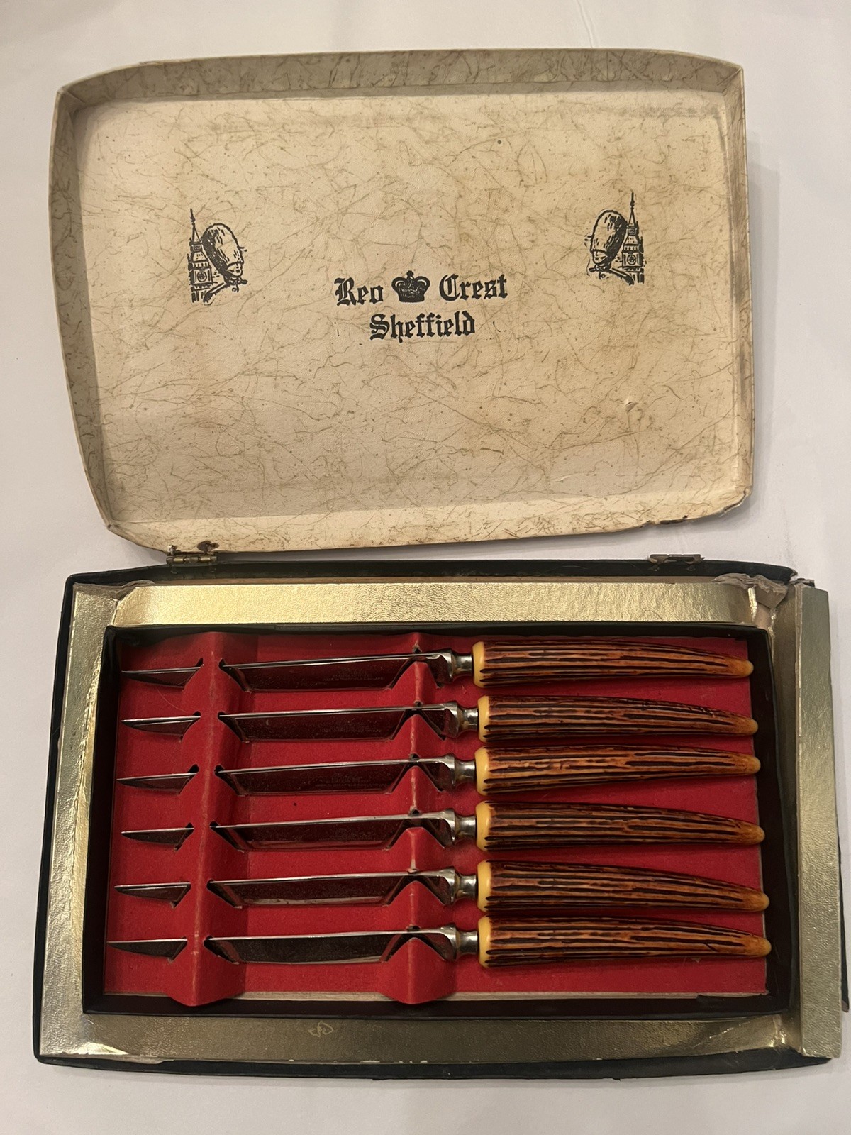 Red Crest Sheffield Knives W/Bakelite Faux Antler Handles Boxed Set of 6 Vintage