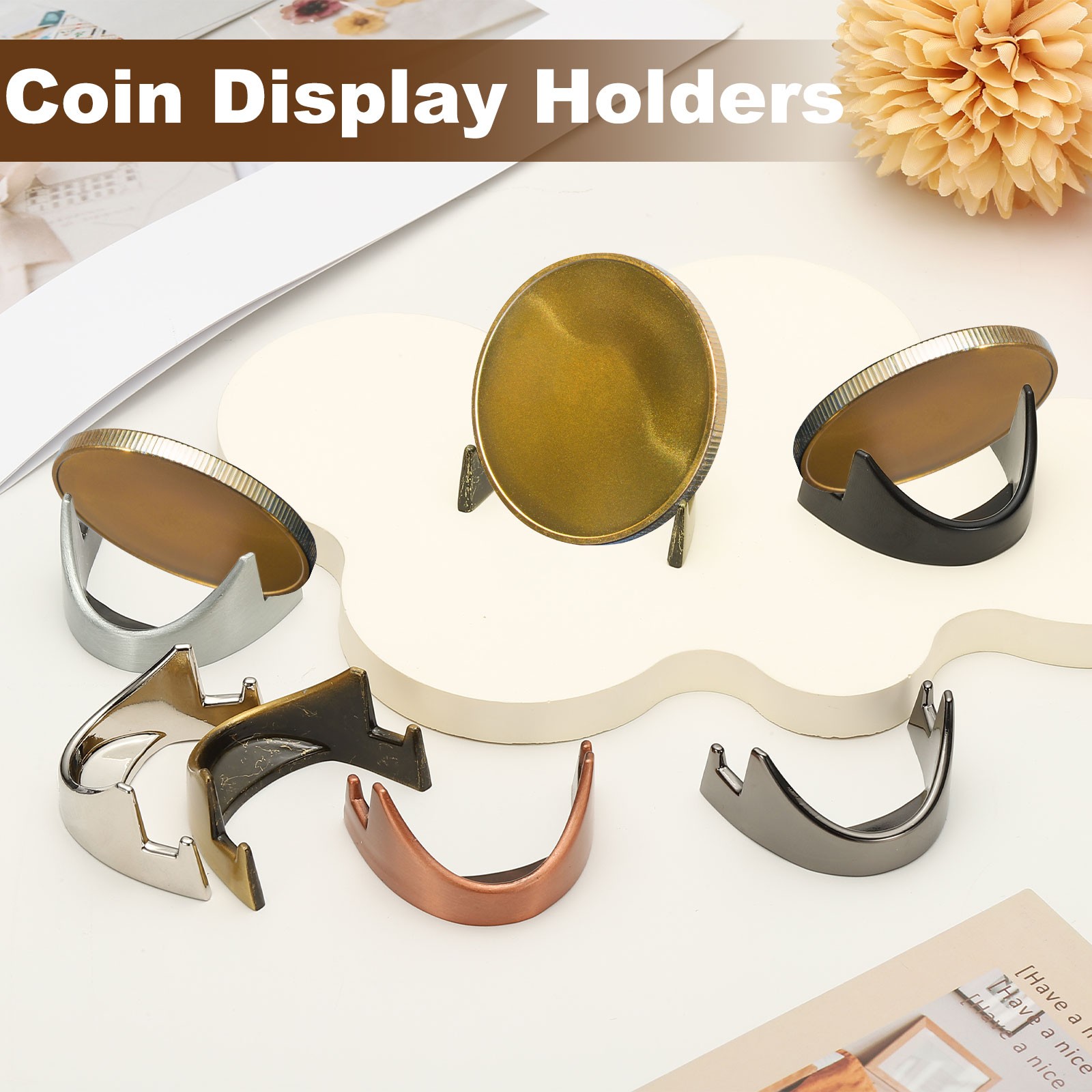 Coin Display Stand, 4 Mini Coin Easels, Silver