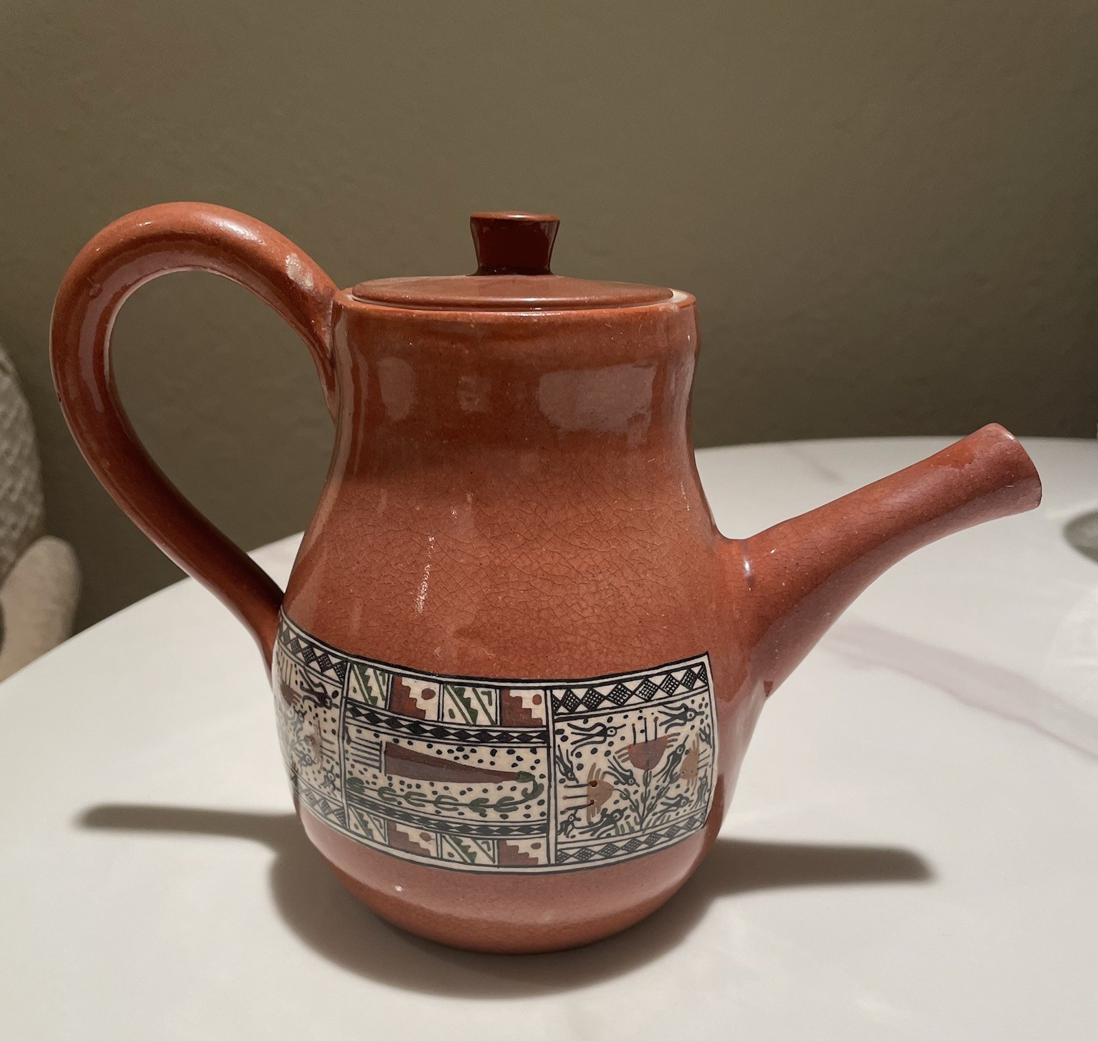 Rare Peruvian Glazed Terra Cotta Tea Pot - C. Cantu Artisan Lima Peru