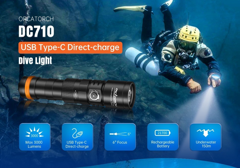 OrcaTorch DC710 USB-C Direct Charging 3000 Lumens Dive Light + second battery