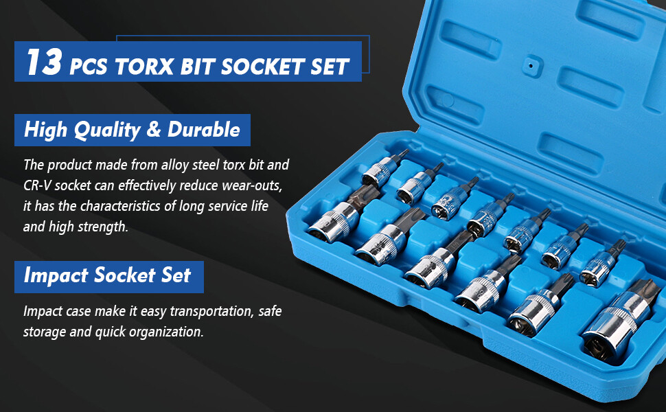 13PCS Drive Torx Bit Socket Set 1/4" 3/8" 1/2" T8-T70 Star Bit Socket Set Tool