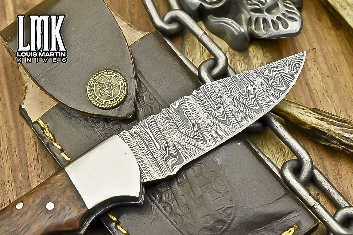 LMK Handmade Twist Damascus Folding Knife Walnut Wood Back Lock EDC