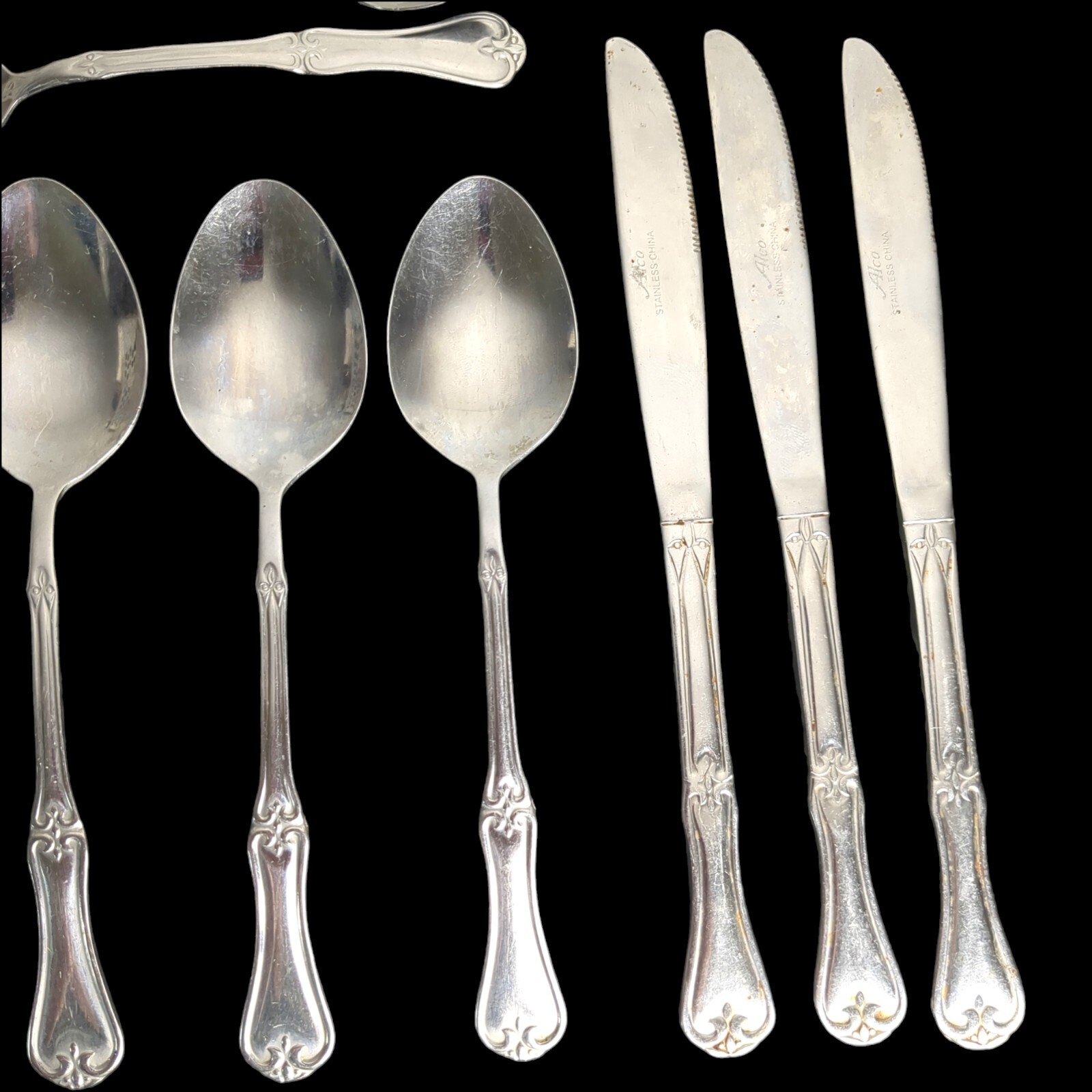 Lot 13 Alco UNKNOWN PATTERN Scrolls Scalloped Spoon Knife 6" Stainless Flatware