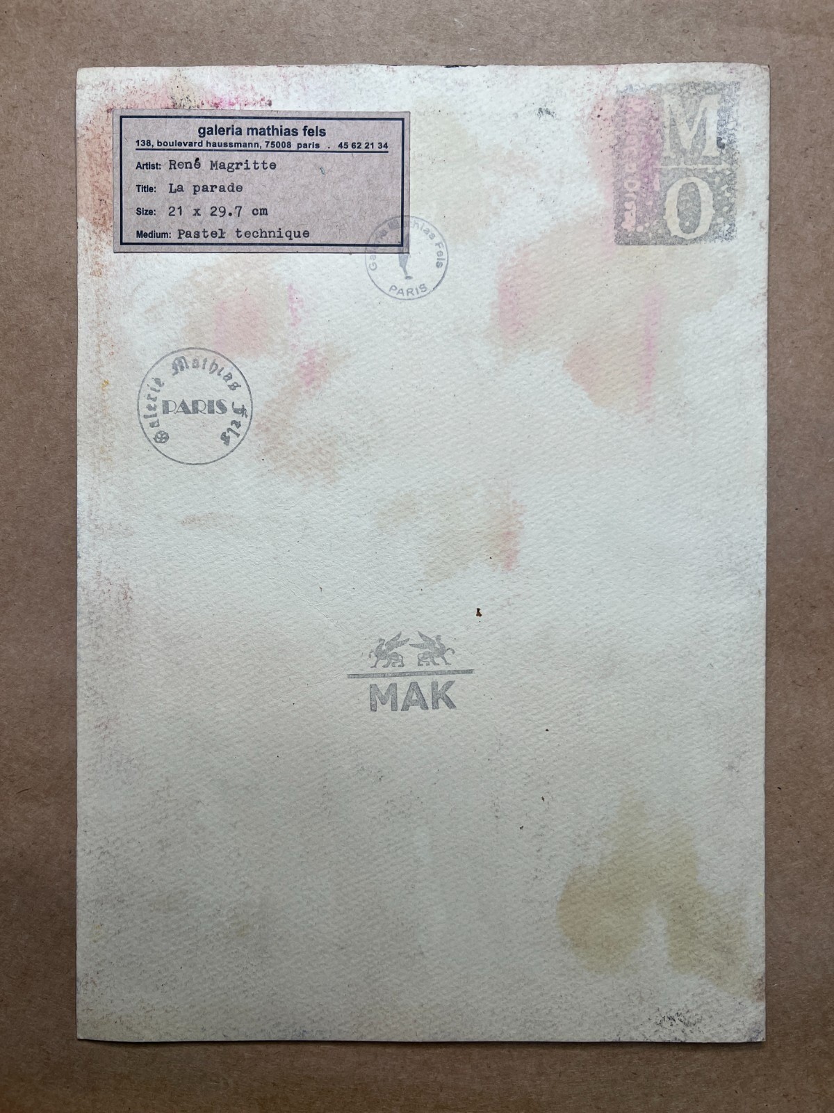 Rene Magritte (Handmade) Drawing On old Paper Signed & Stamped Mixed Media