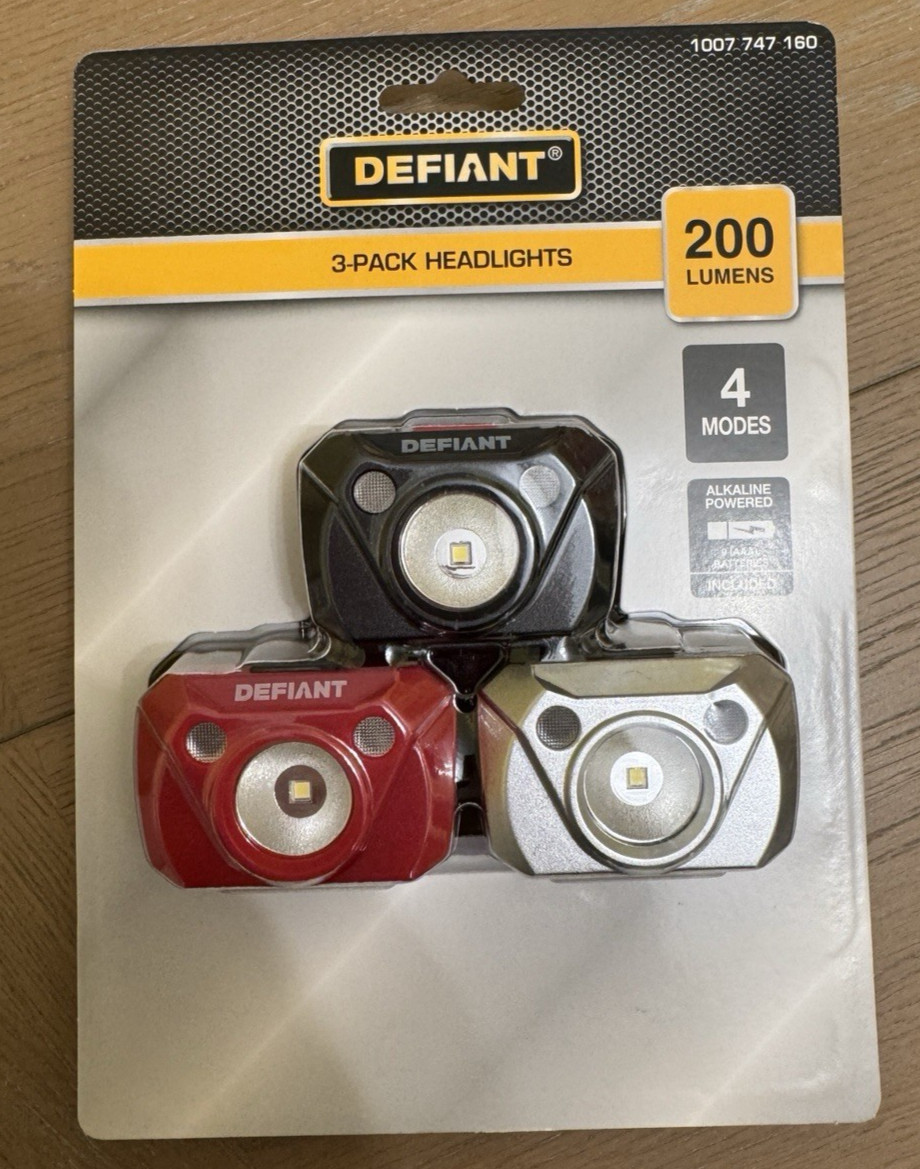 Defiant LED Headlamp 3-Pack 200 Lumens 4 Modes Adjustable Headlights NEW