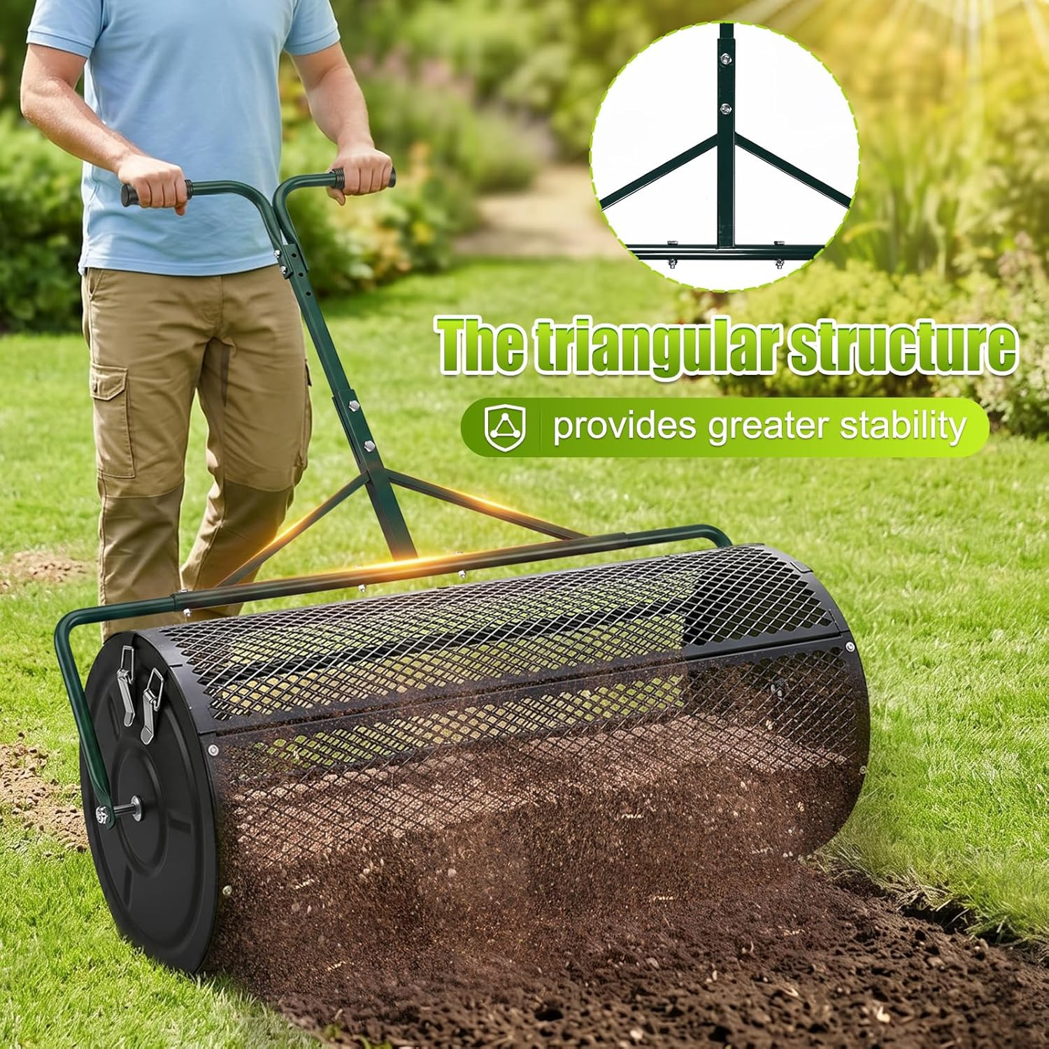 High-Capacity Metal Mesh Drum Compost Spreader with Side-Lock Peat Moss Spreader