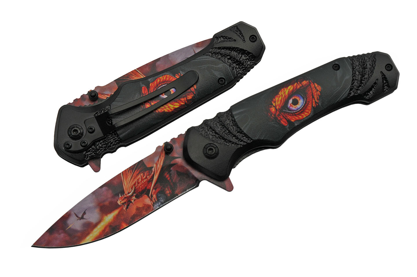 Spring-Assist Folding Knife | Dragon's Eye Red Fire Blade Black Fantasy 300504
