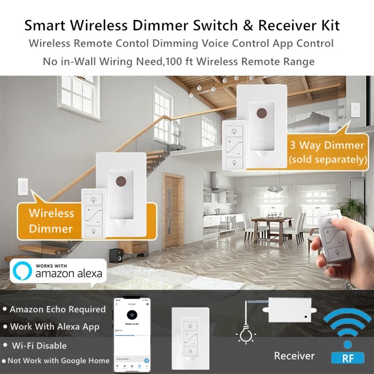 Used Wireless Dimmer Switch and Receiver Kit 3-Way remote control Work Alexa