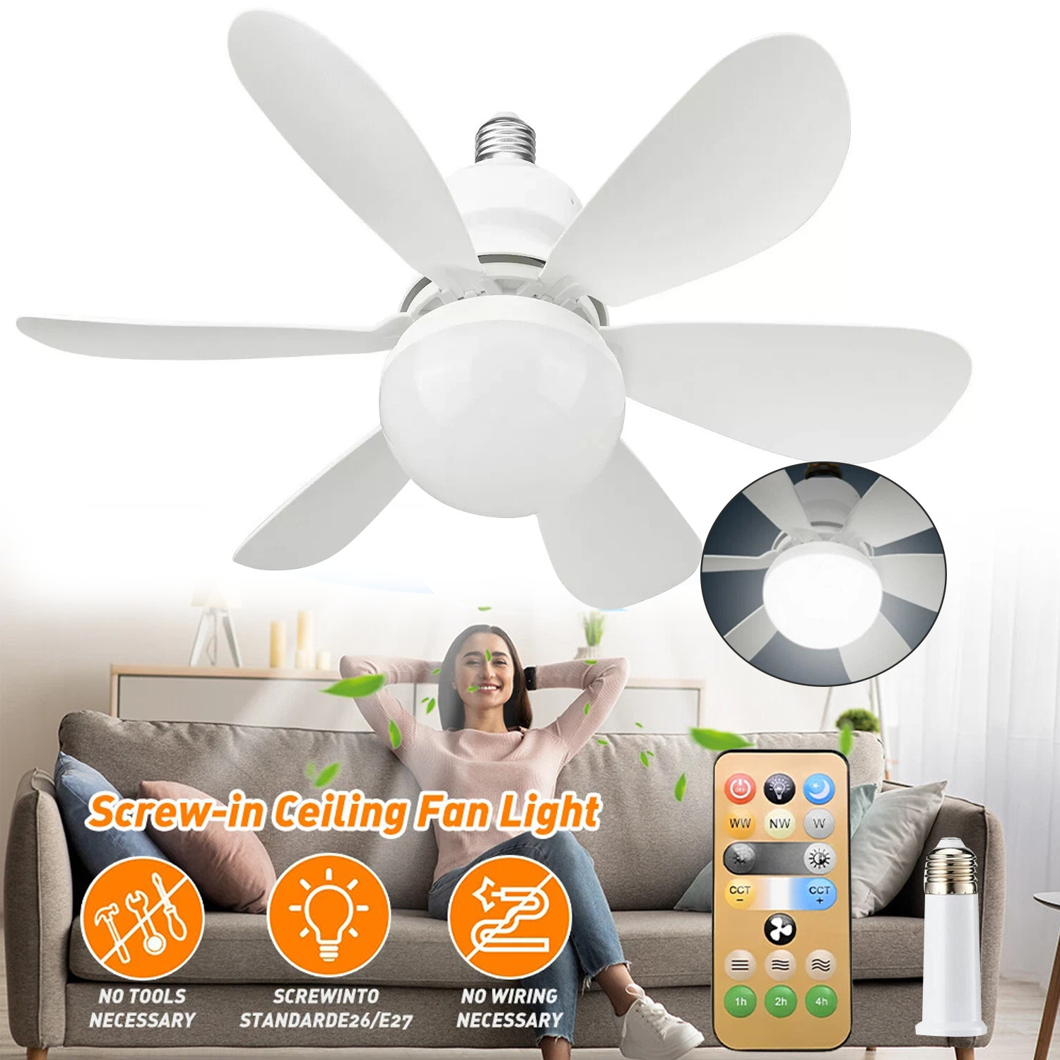 2-in-1 E27 Socket Fan Light with Remote Screw in Ceiling Fans LED Light Bulb Fan