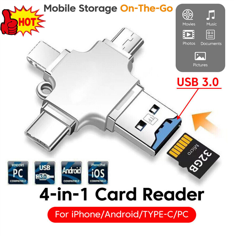4 IN 1 USB3.0 Flash Drive Micro TF Card Reader Adapter OTG Type-C iPhone Android