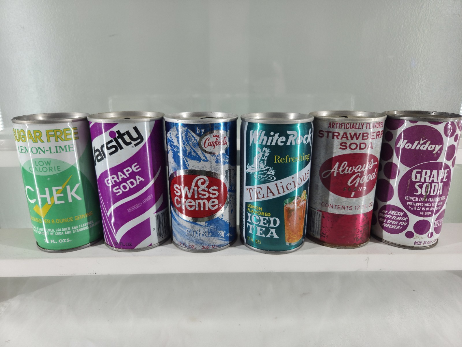 Vintage Can Lot 6- Check, Varsity, Swiss Creme, White Rock, Always Good, Holiday