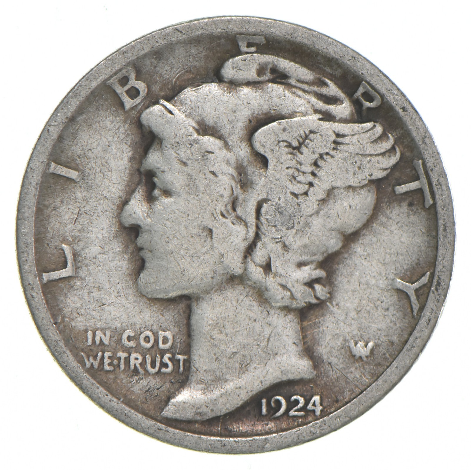 VG+ 1924 Mercury 90% Silver Dime