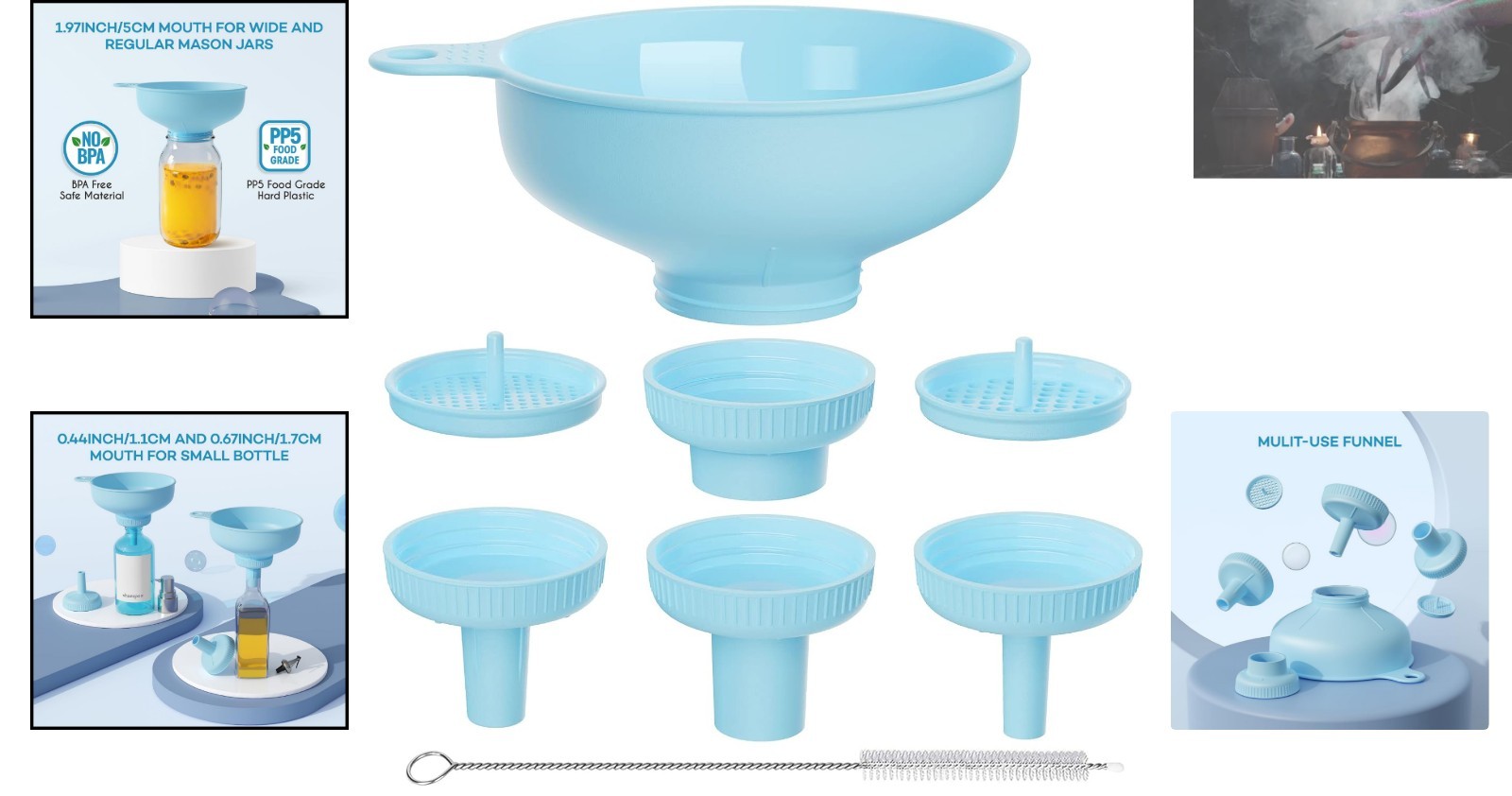 Heat-Resistant Kitchen Funnel with 5 Interchangeable Spouts & Strainers – Blue