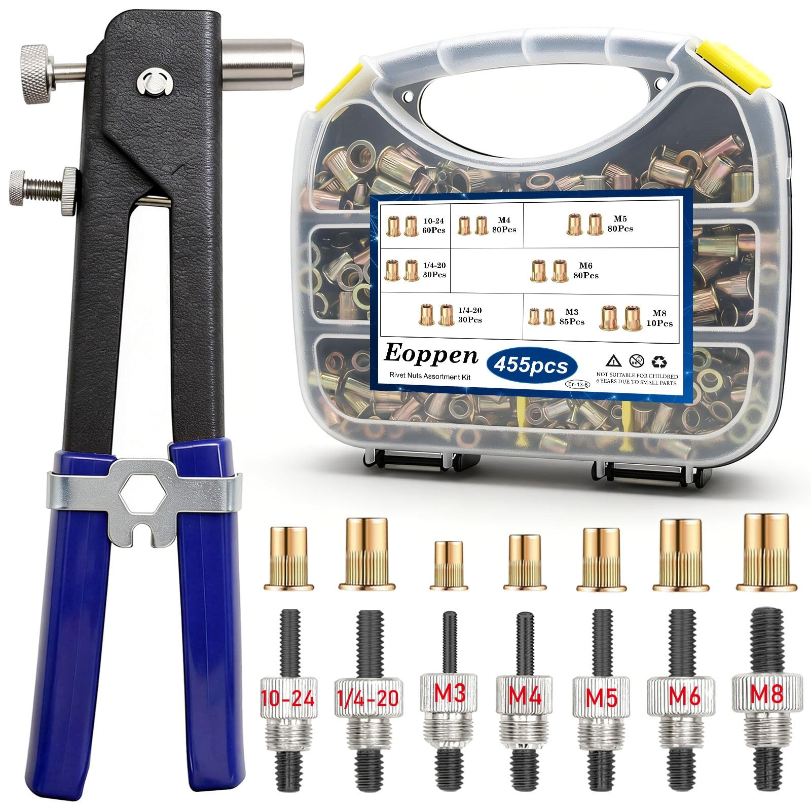 Eoppen 455Pcs Rivet Nut Tool Kit, Rivnut - 7 Sizes (Carbon Steel)