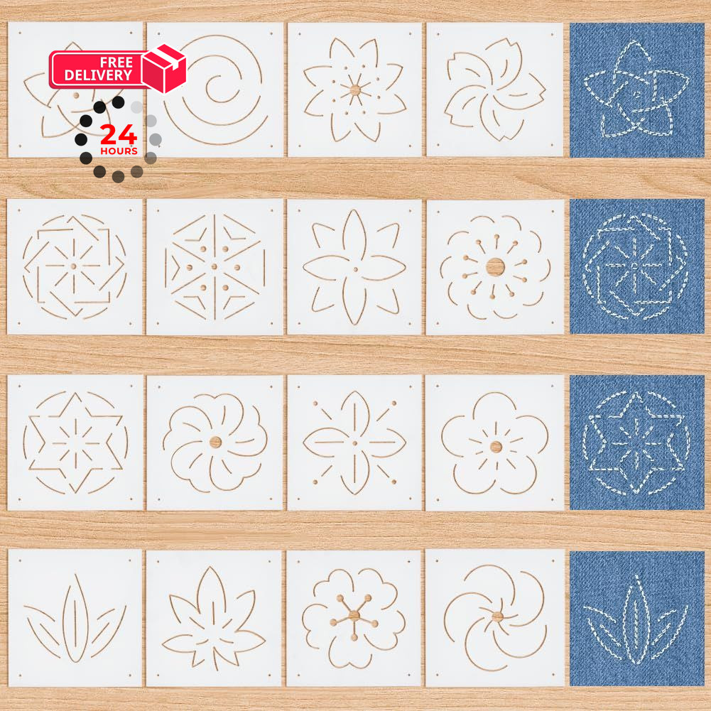 BENECREAT 16Pcs Plastic Sashiko Stencil, 5x5inch Flower 130mm x x 0.3mm