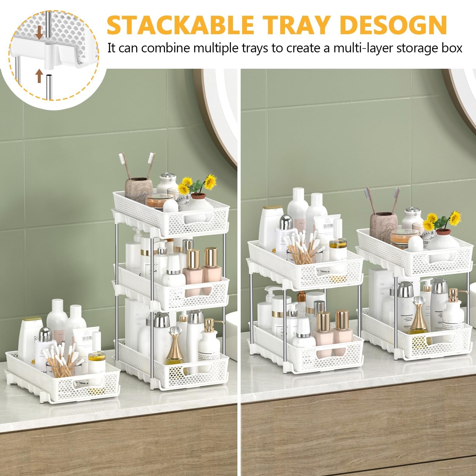 DABIGE 2 Pack Pull Out Bathroom Organizer 2 Tier Stackable Under Sink White