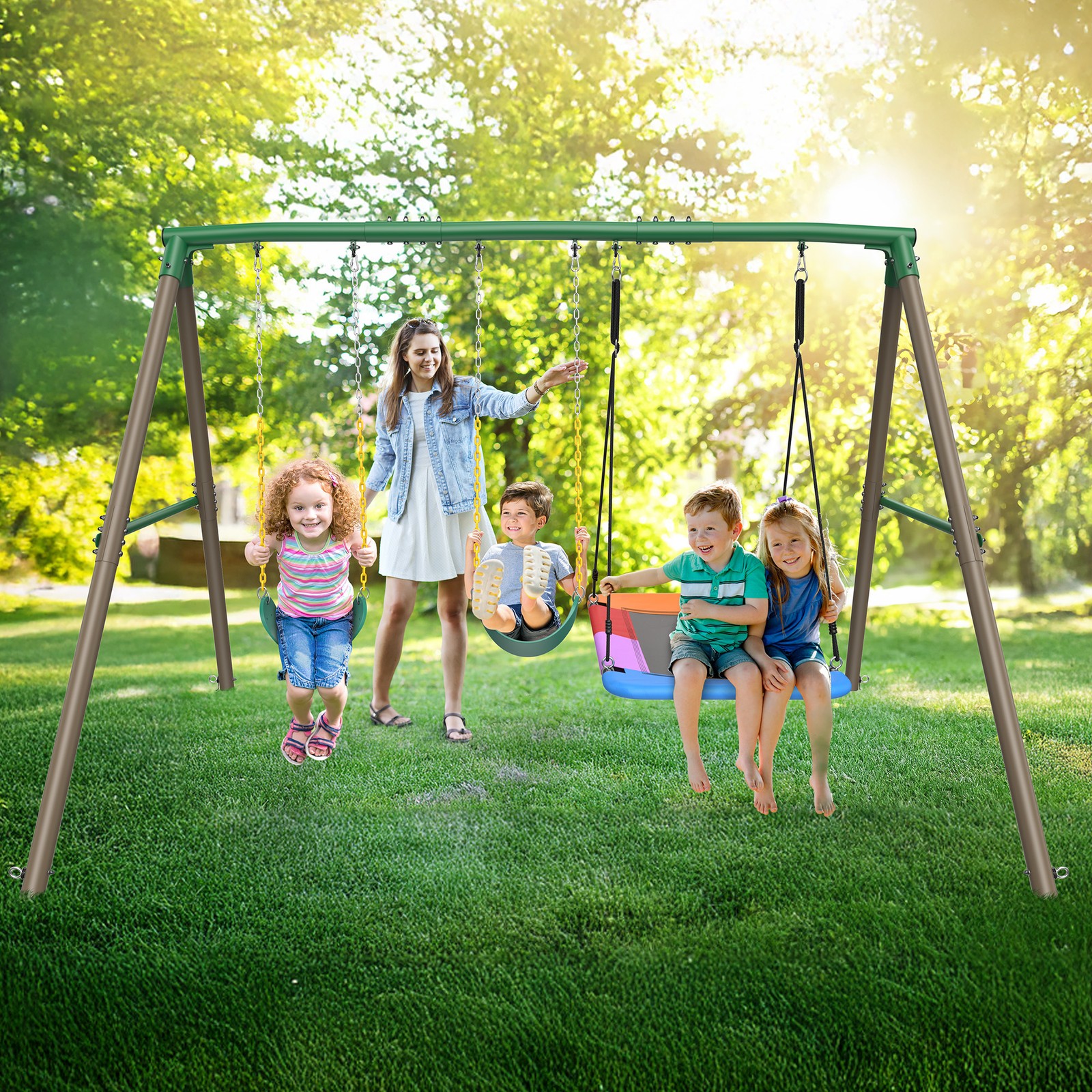 600lbs Heavy Duty Metal Swing Set w/3 Swings Platform Swing Outdoor Kids Playset