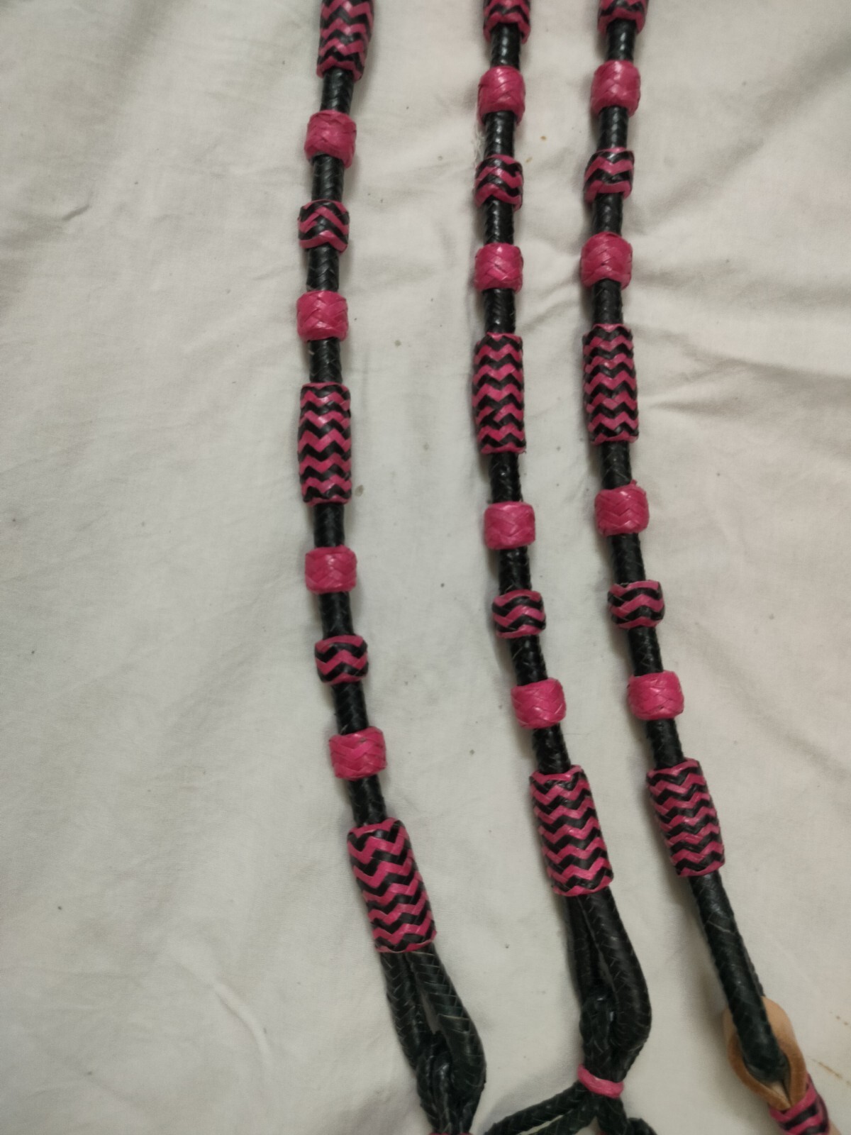 Hand Braided Rawhide Show Romel Romal Reins Horse tack Black and Pink Ranch Free