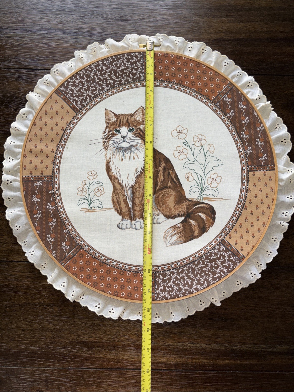 Vintage Large Embroidery Hoop Cranston Cat Print With Lace Trim. . 14.5 inches.