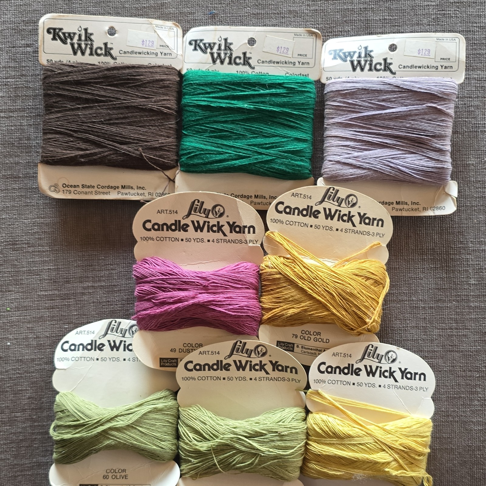 Kwik Wick & Lily Candle Wick Yarn Lot 100% Cotton 8 Solid Colors Embroidery