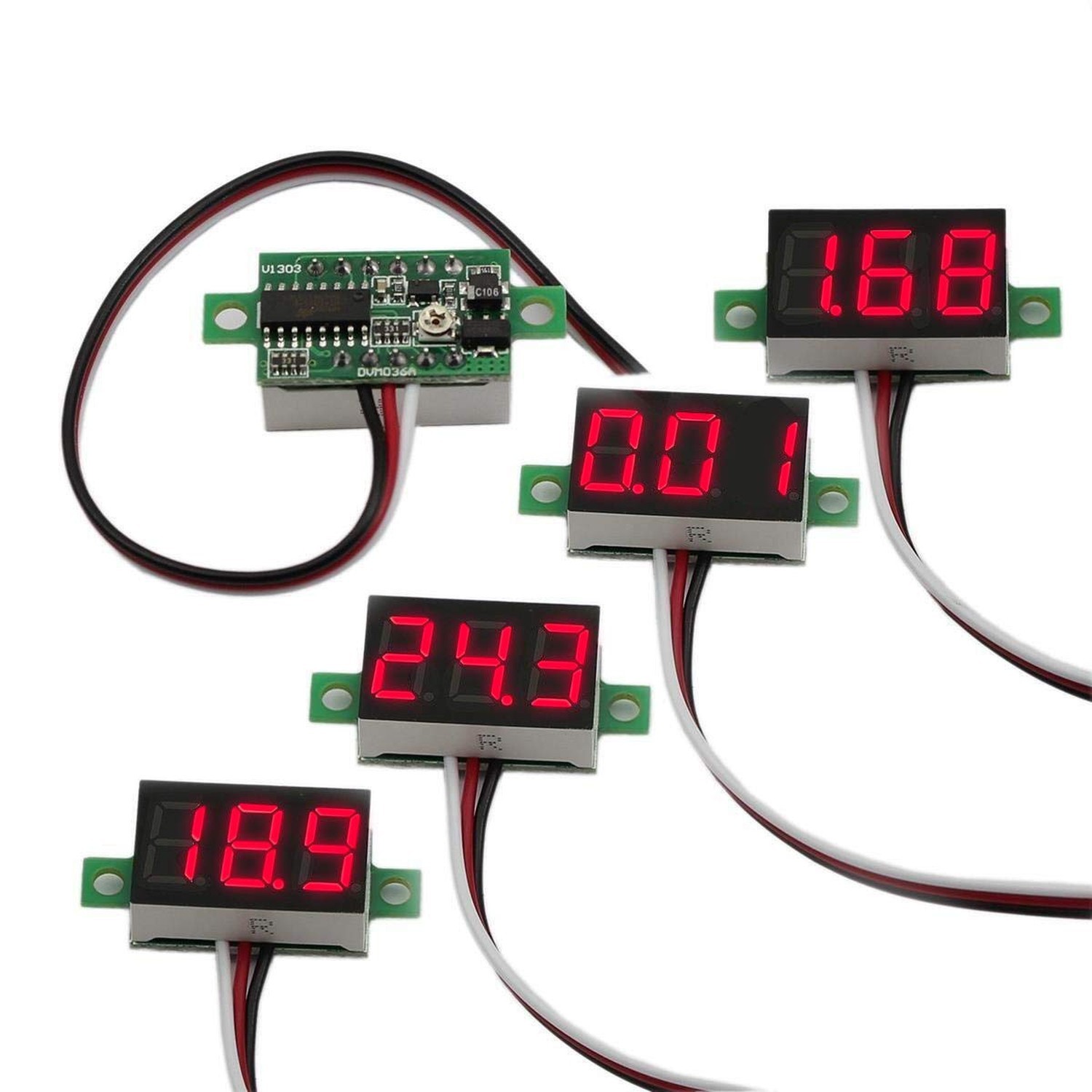 Pack of 5 DC 0-30V Digital Volt Meter, 3-Wire Voltage Gauge, Red LED | Measur...