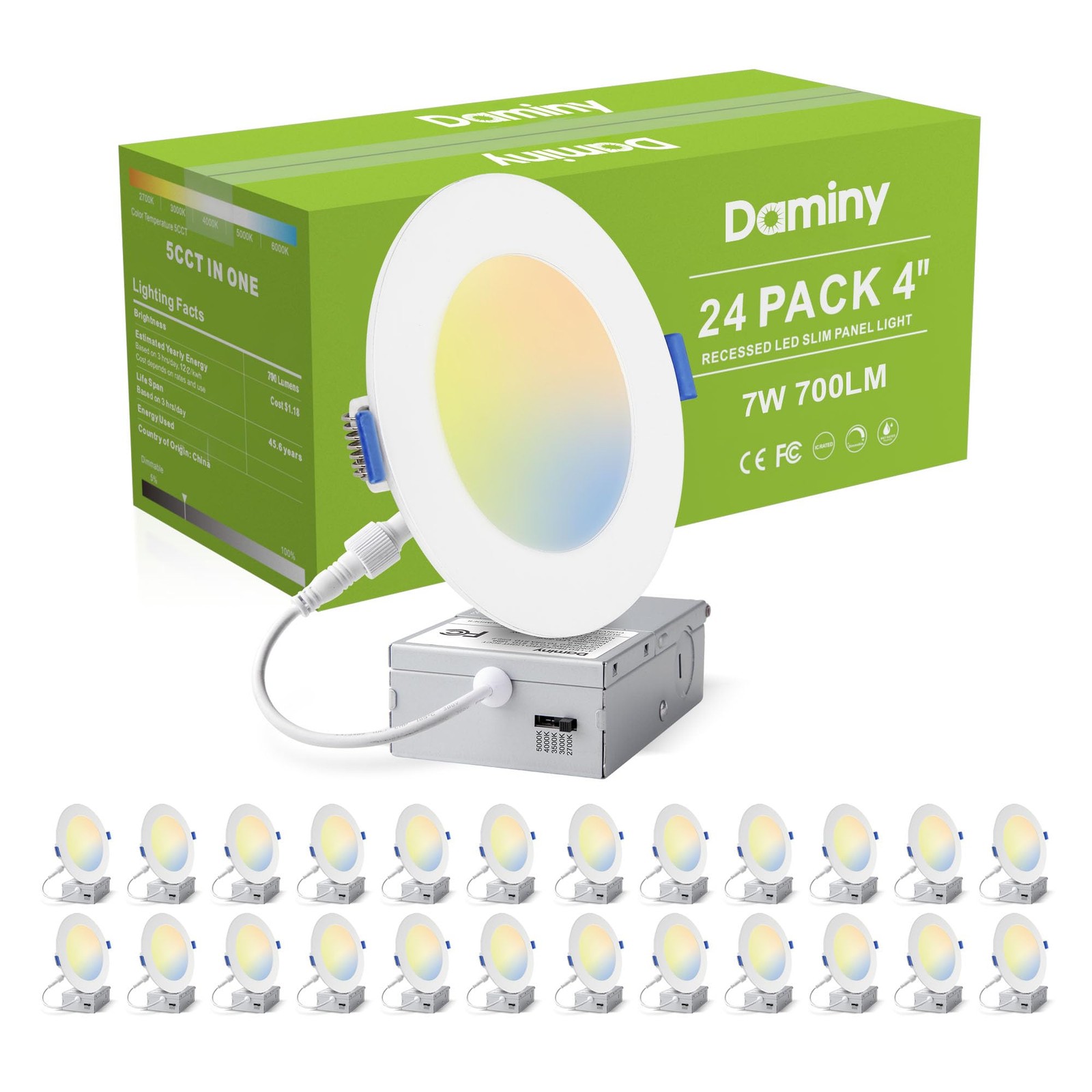 DAMINY 24 Pack 4 Inch LED Recessed Lighting with Junction Box,5CCT,Ultra-Thin Re