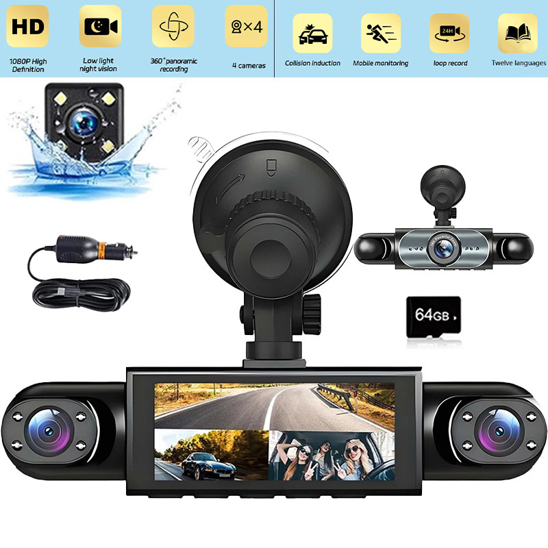 HD 360° 4 Channel 1080P Car Dash Cam Front and Rear Inside Left Right + Camera