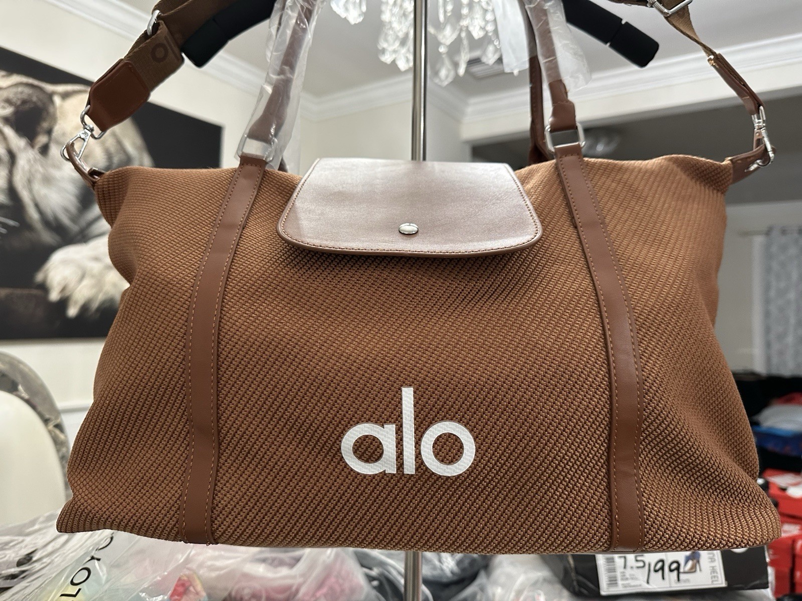alo Brown Grip tote bag zip Button Closure Adjustable Strap Logo