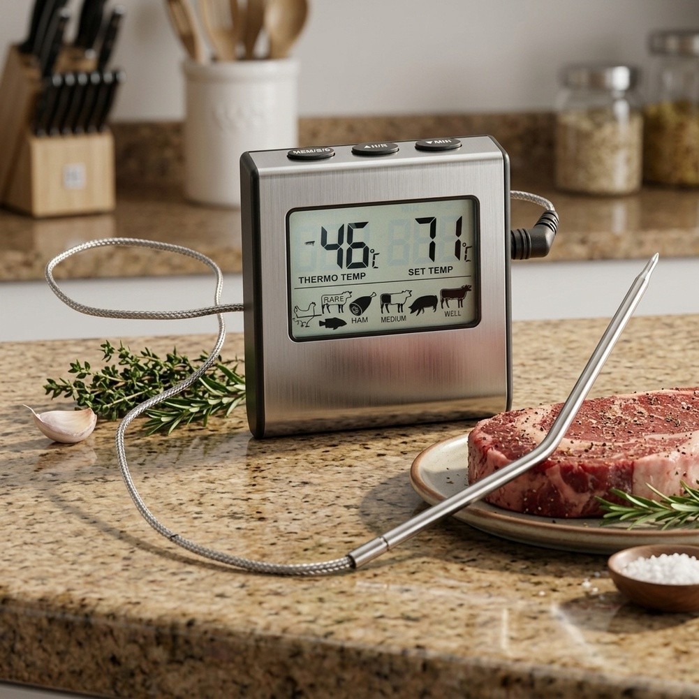 LCD For cooking Thermometer with Timer Function and Stainless Steel Probe