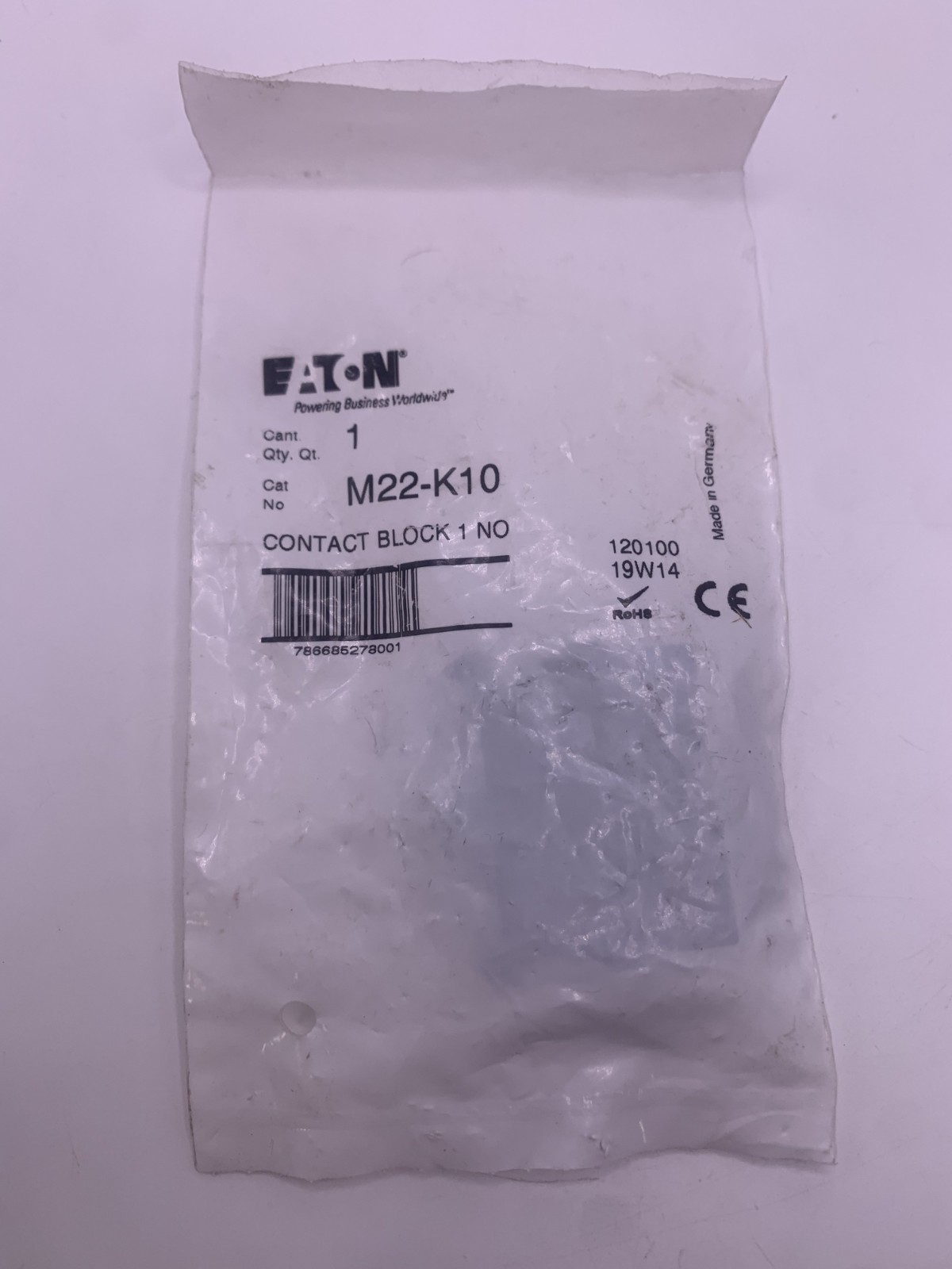 Eaton M22-K10 Contact Block, 1N.O., 5A, 600V, NEW IN BAG