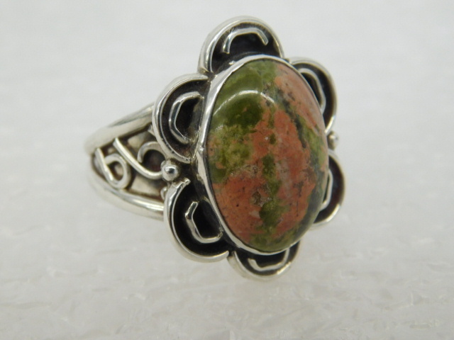 AGATE JASPER UNAKITE STERLING RING FLOWER DESIGNER ARTISAN SIGNED SZ 10.5