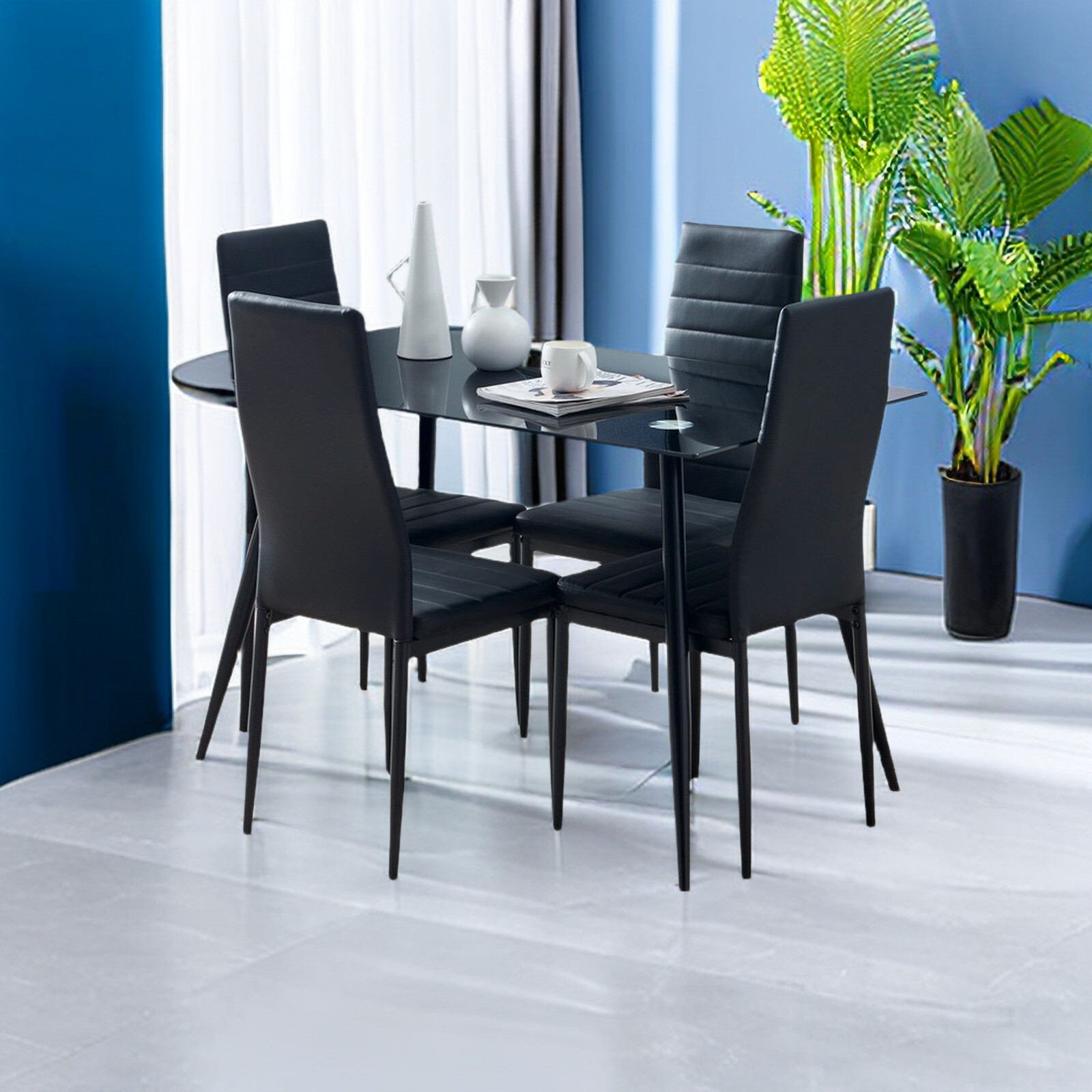 4pcs Dining Chairs - PU Leather, Black High Back, Cross-Stitch & Round Tube Legs
