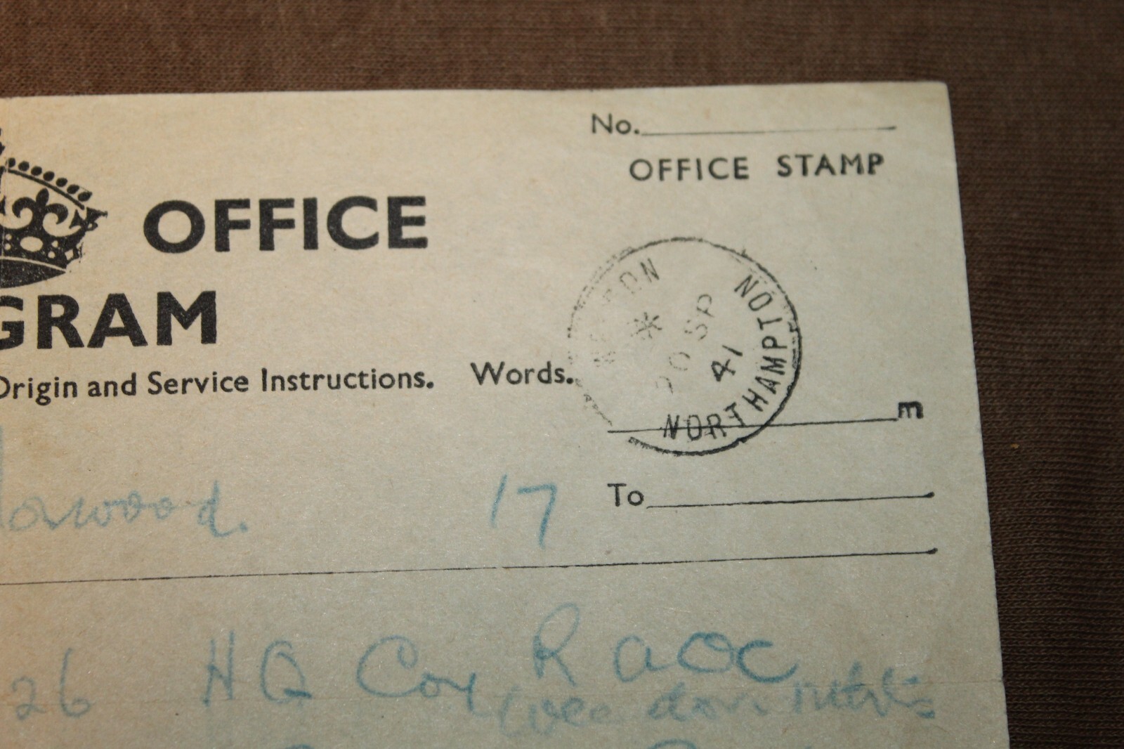 Original WW2 British Army Soldier's Post Office Telegram, (19)41 dated