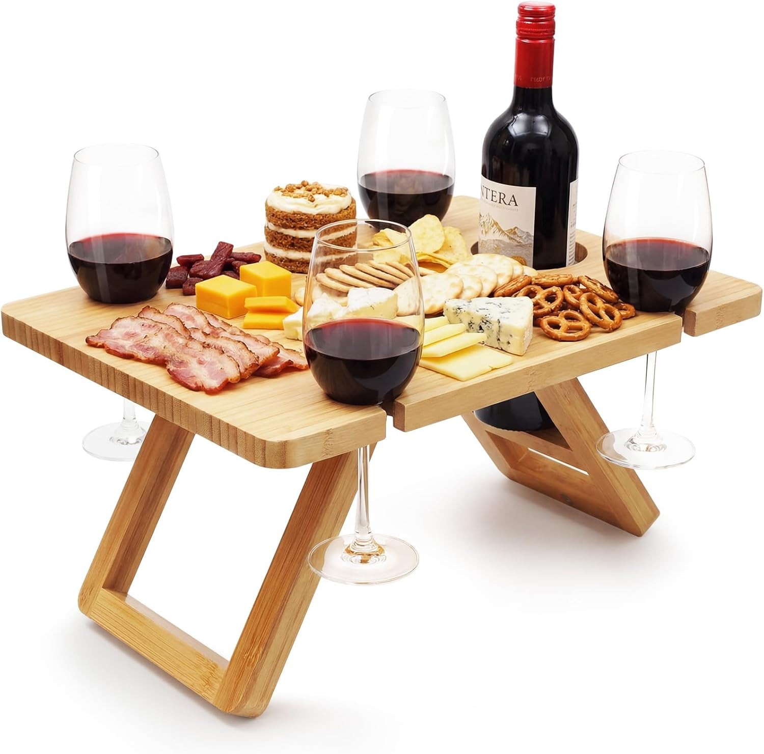Bamboo Wine Picnic Table, Foldable Portable Charcuterie Tray with Bottle Slot